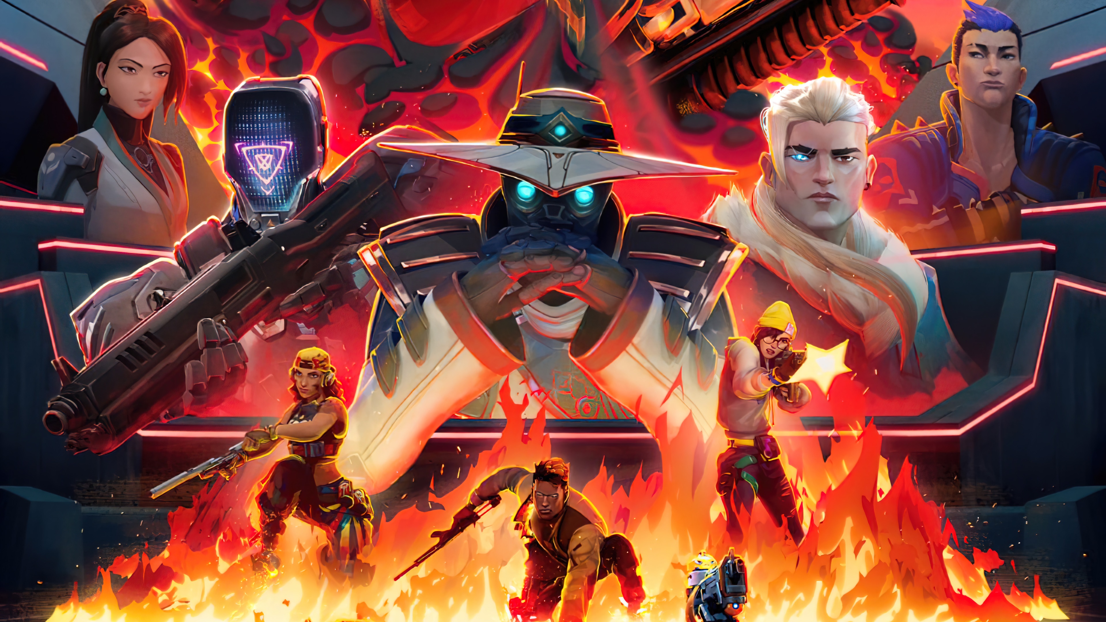 Valorant characters in a fiery scene HD Wallpaper