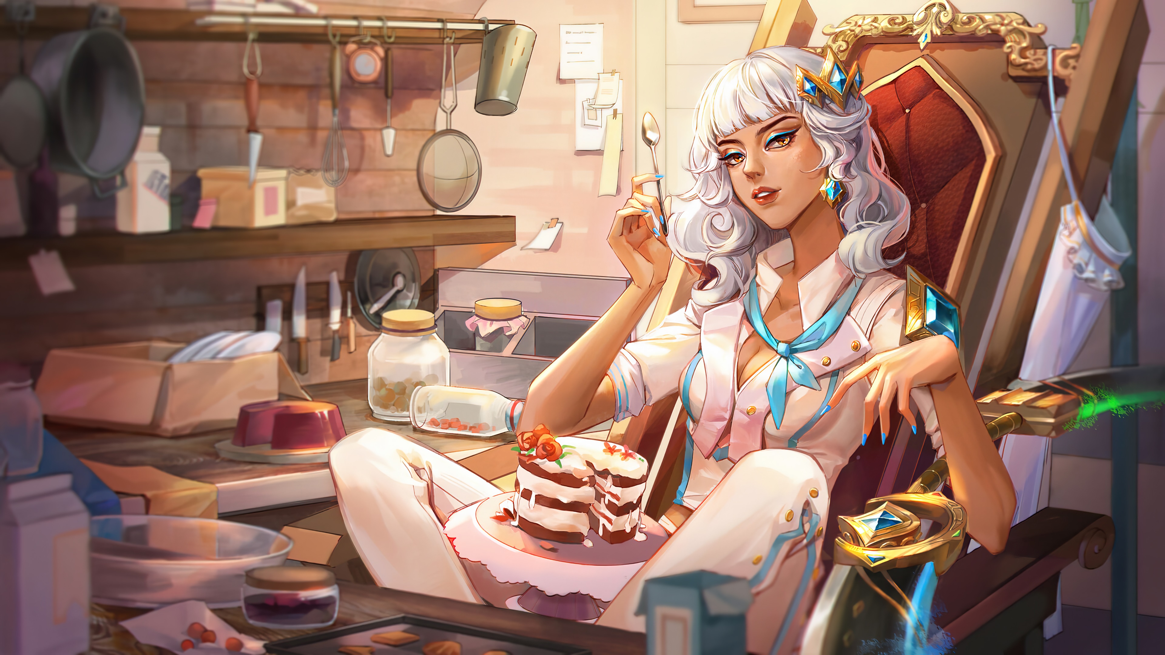 Qiyana from League of Legends in the kitchen 4K HD Wallpaper