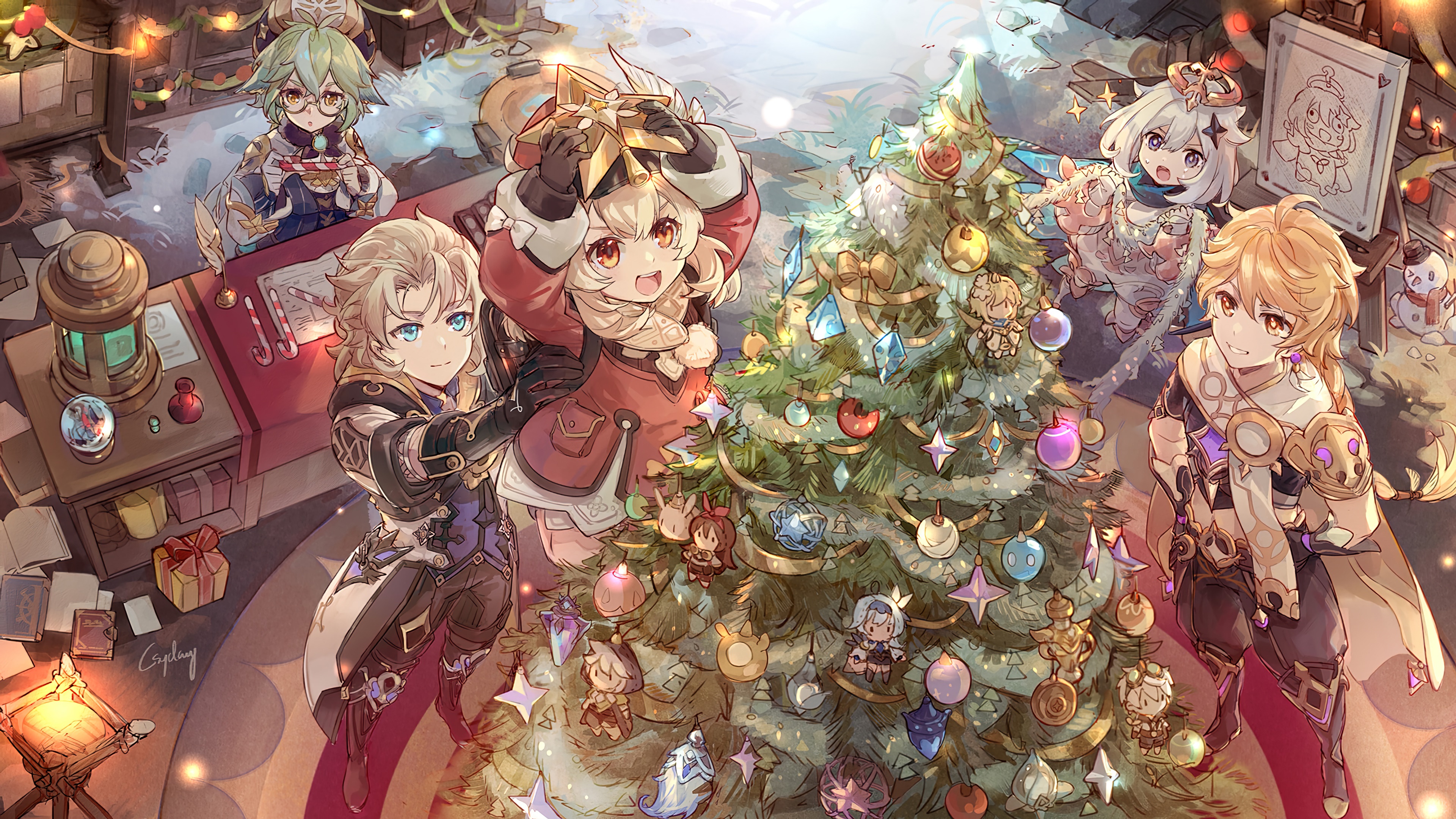 Genshin Impact Characters Decorating Christmas Tree HD Wallpaper