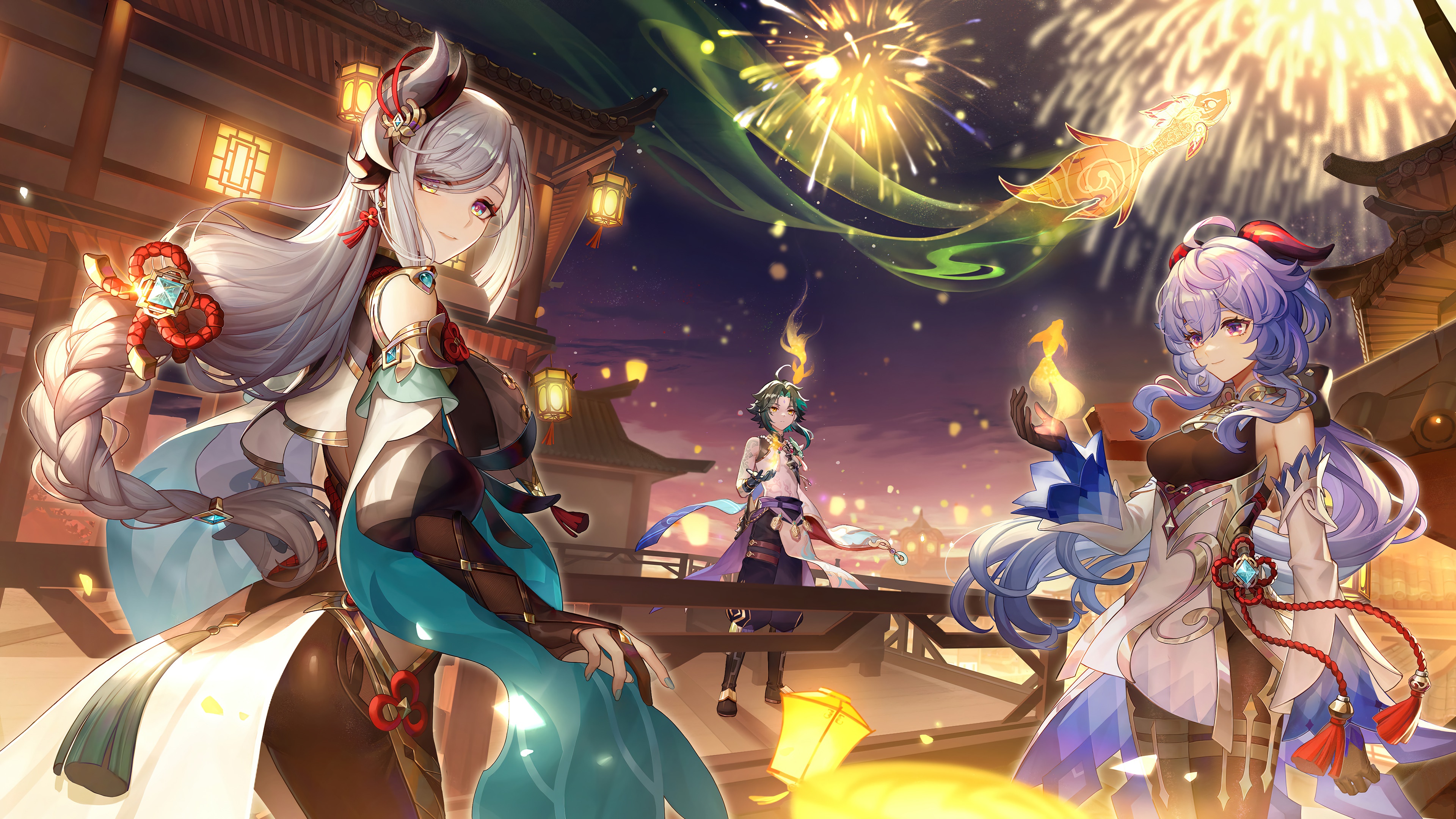 Genshin Impact characters celebrating New Year with fireworks HD Wallpaper