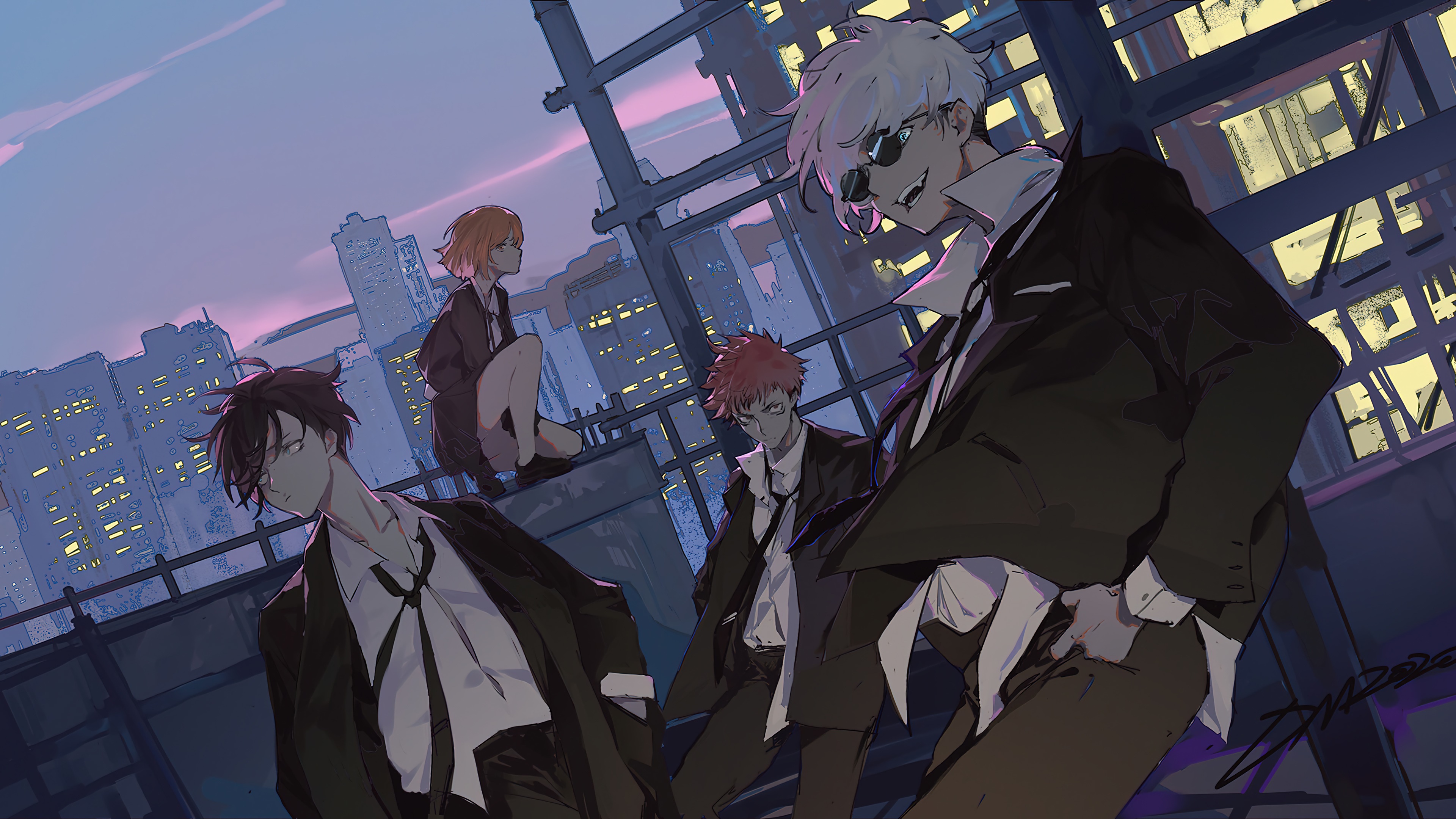 Anime characters in suits on a rooftop HD Wallpaper