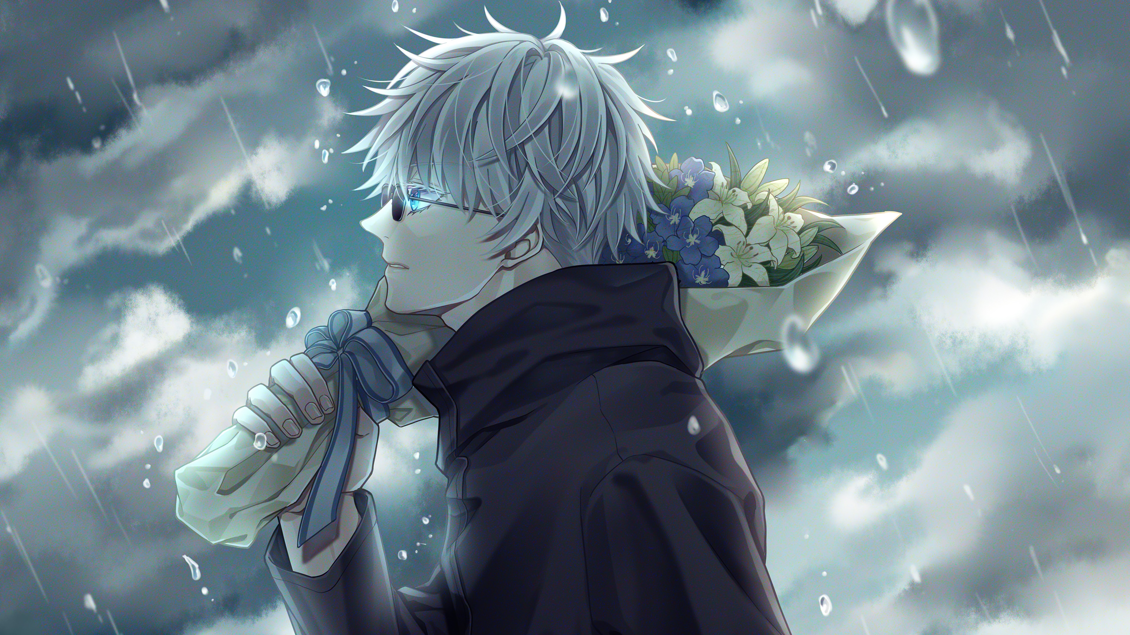 Satoru Gojo in Rain with Flowers HD Wallpaper