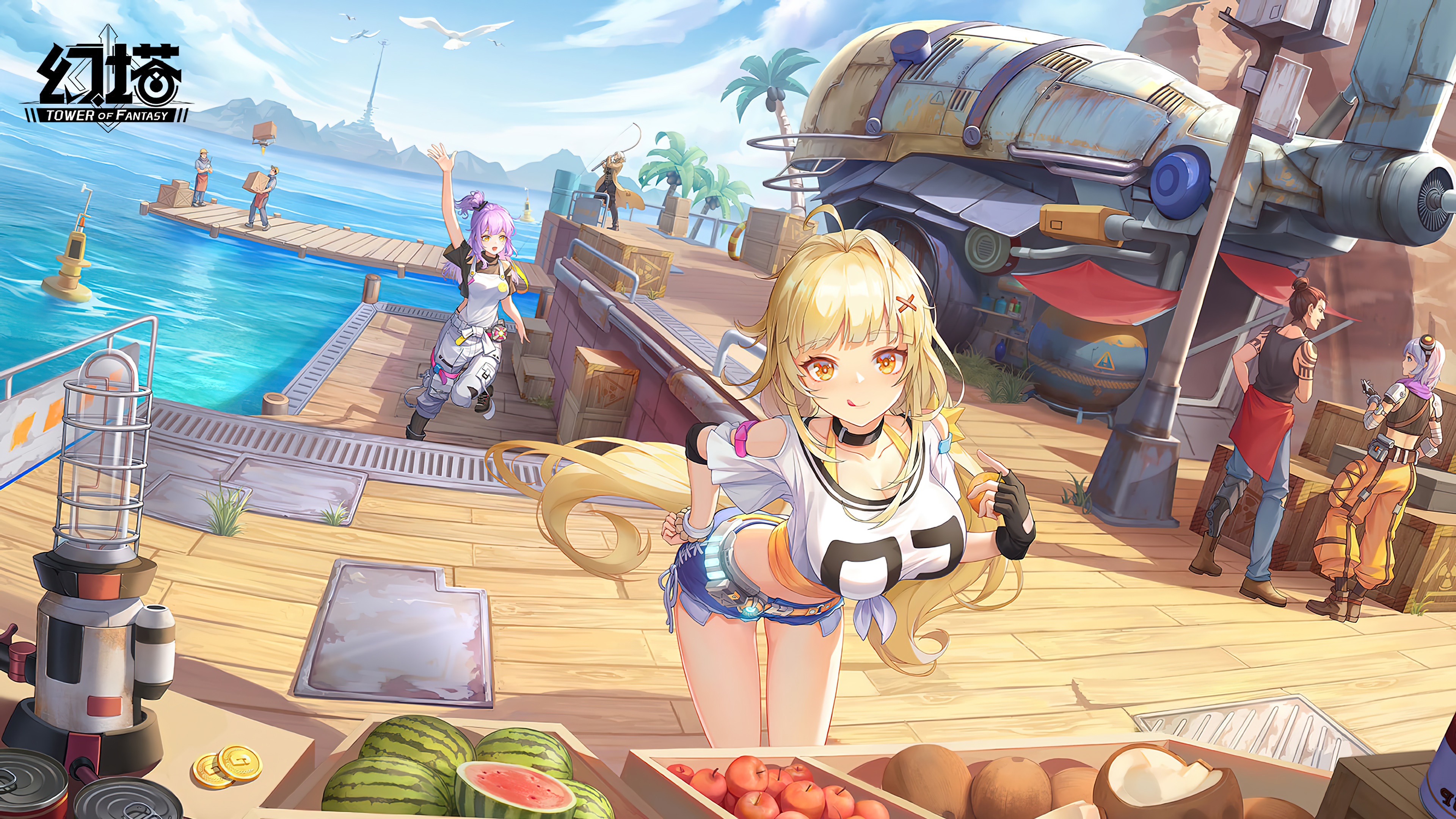 Tower of Fantasy characters on a dock with a crashed aircraft HD Wallpaper