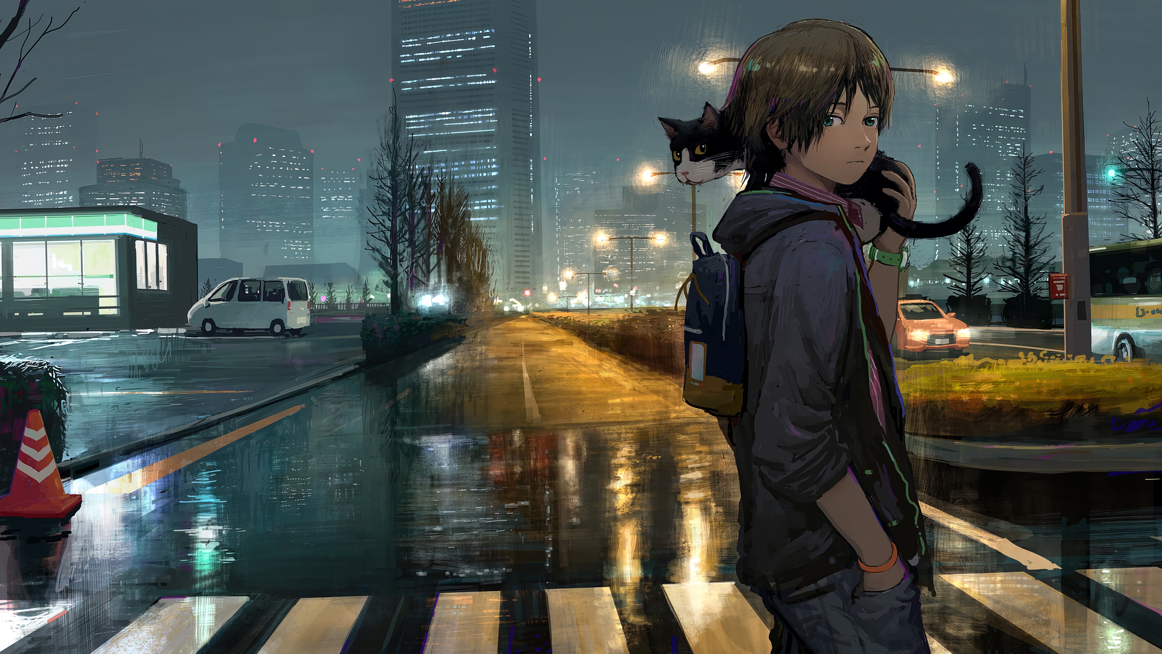 Anime boy with cat in a rainy city at night 4K HD Wallpaper