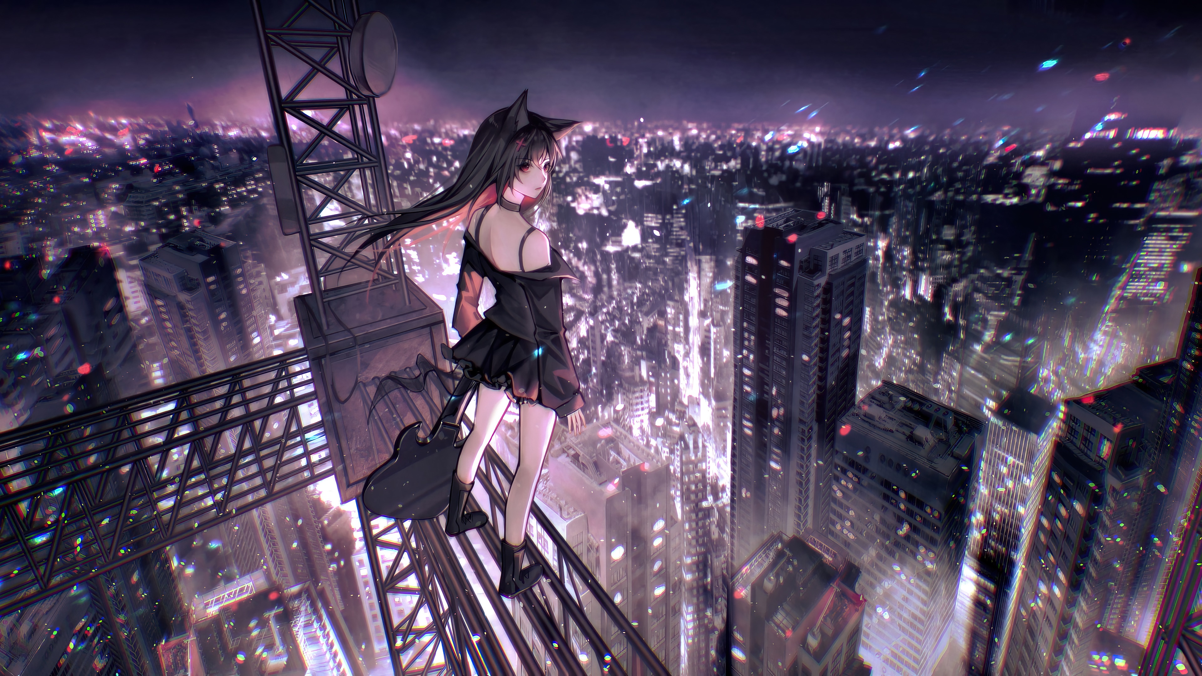 Anime girl with cat ears on a tower overlooking a city at night HD Wallpaper