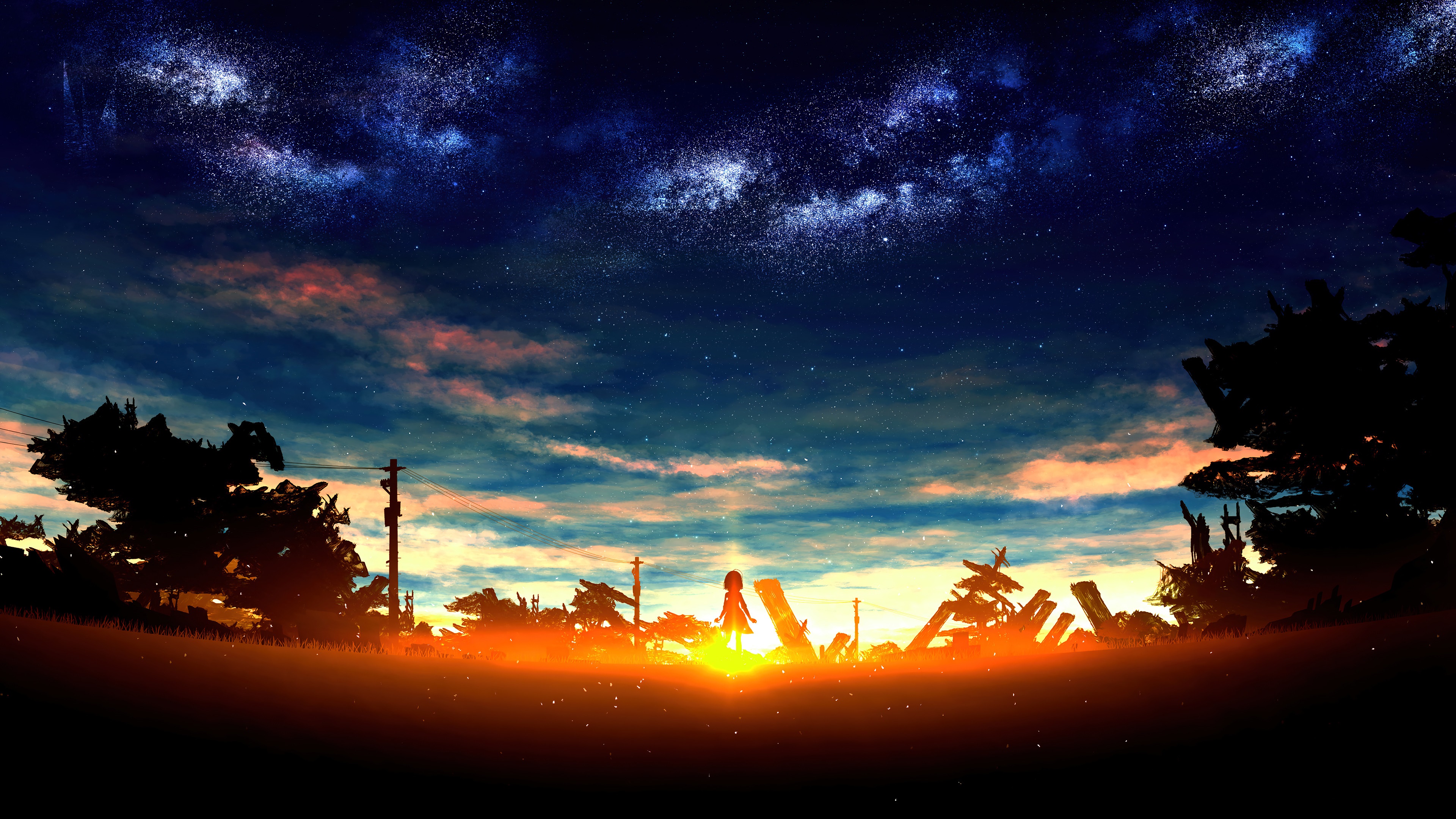 Anime girl standing in a destroyed landscape at sunset 4K HD Wallpaper