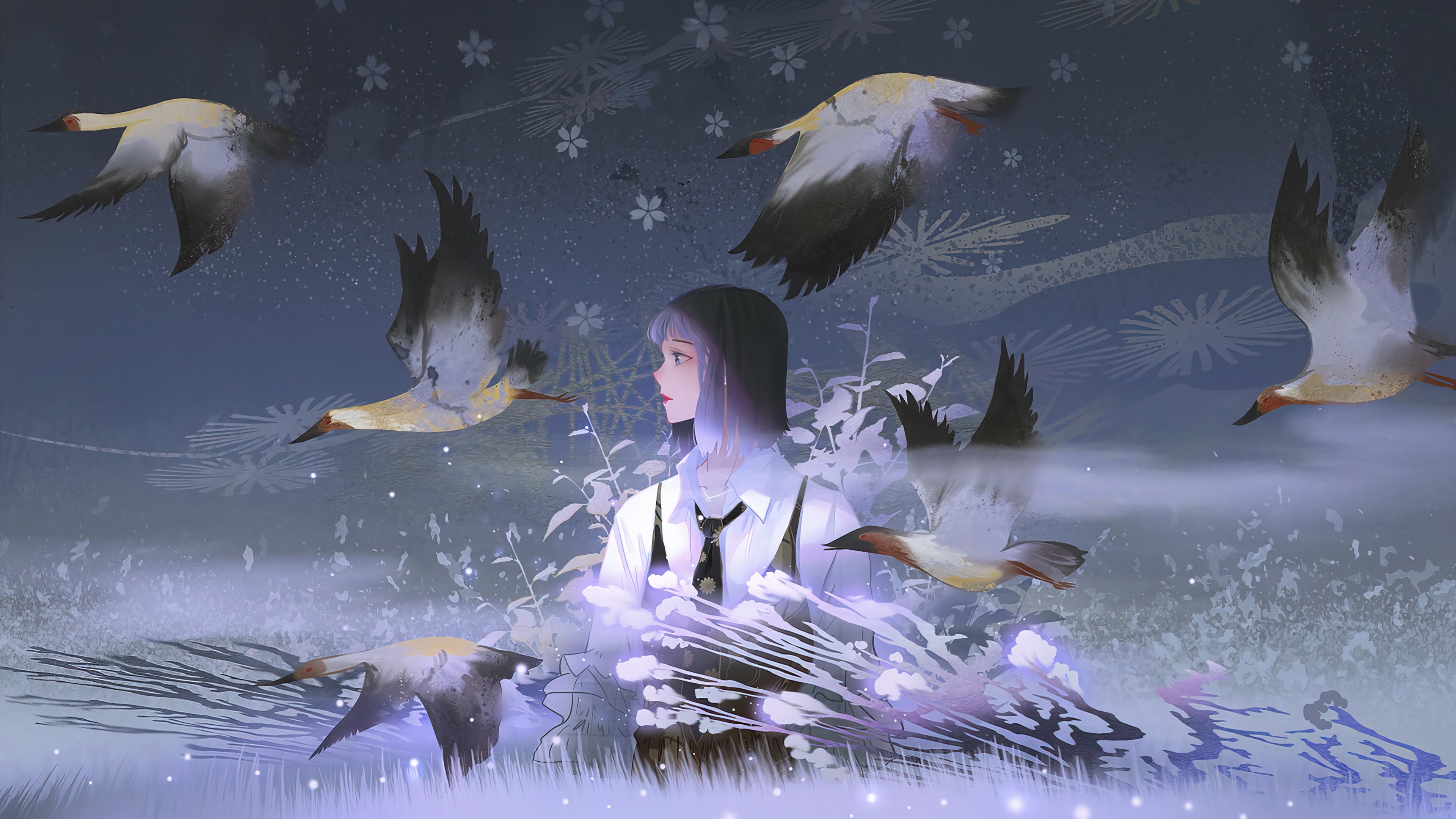 Anime girl with cranes 4K HD Wallpaper