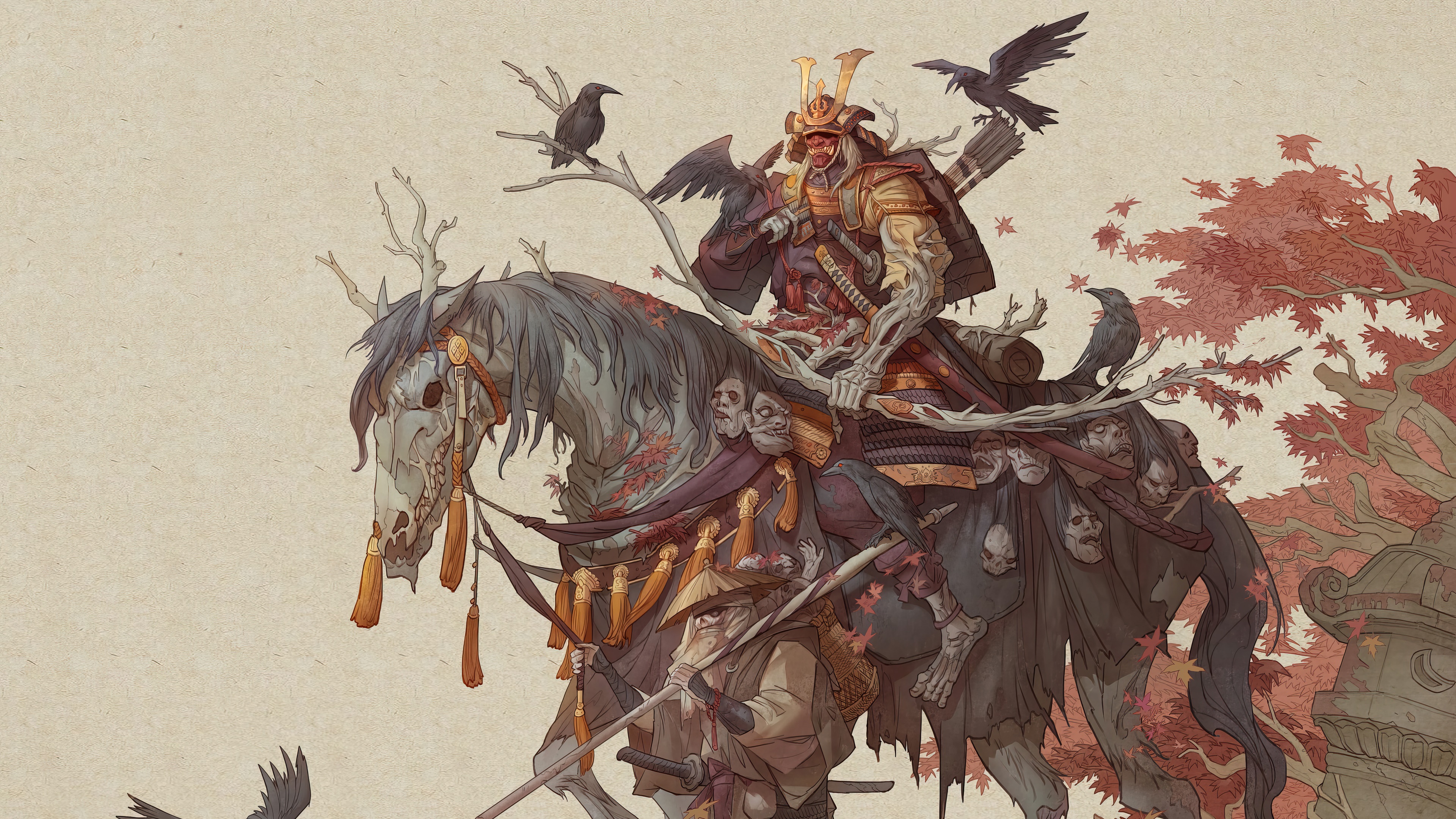 Samurai warrior on a skeletal horse with crows HD Wallpaper