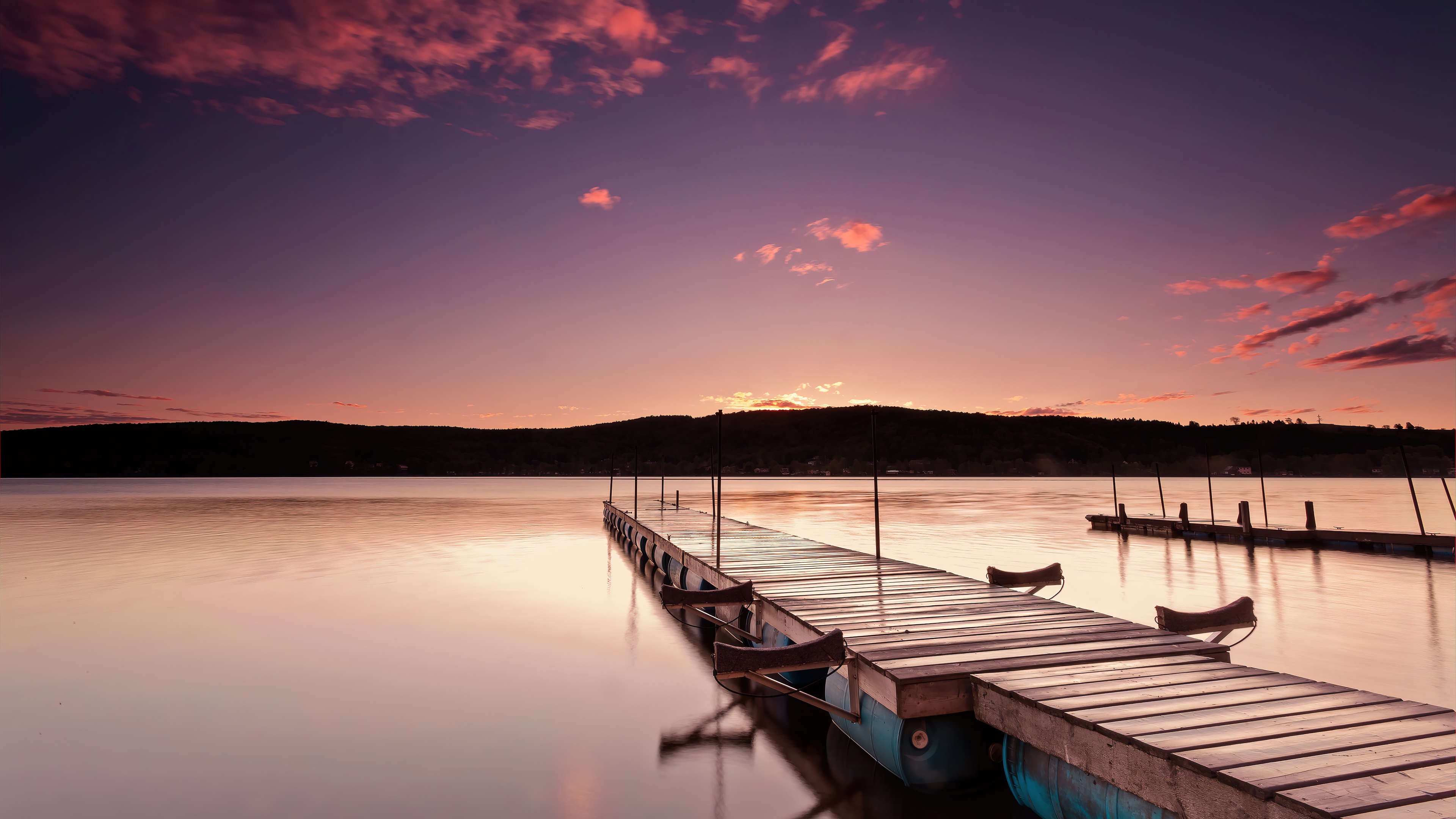 Wooden dock on a lake at sunrise HD Wallpaper