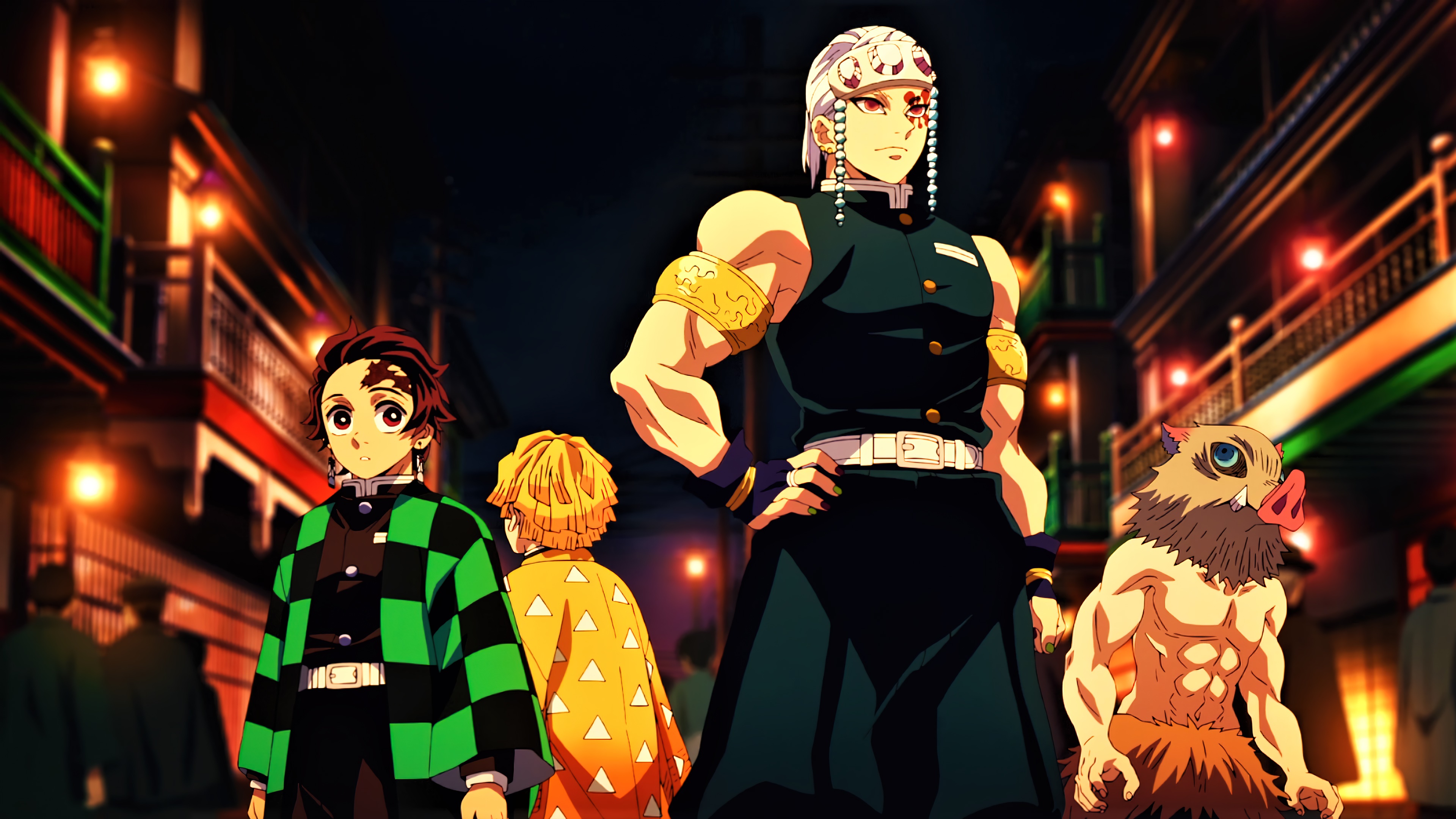 Tanjiro, Zenitsu, Inosuke, and Tengen Uzui from Demon Slayer 4K HD Wallpaper