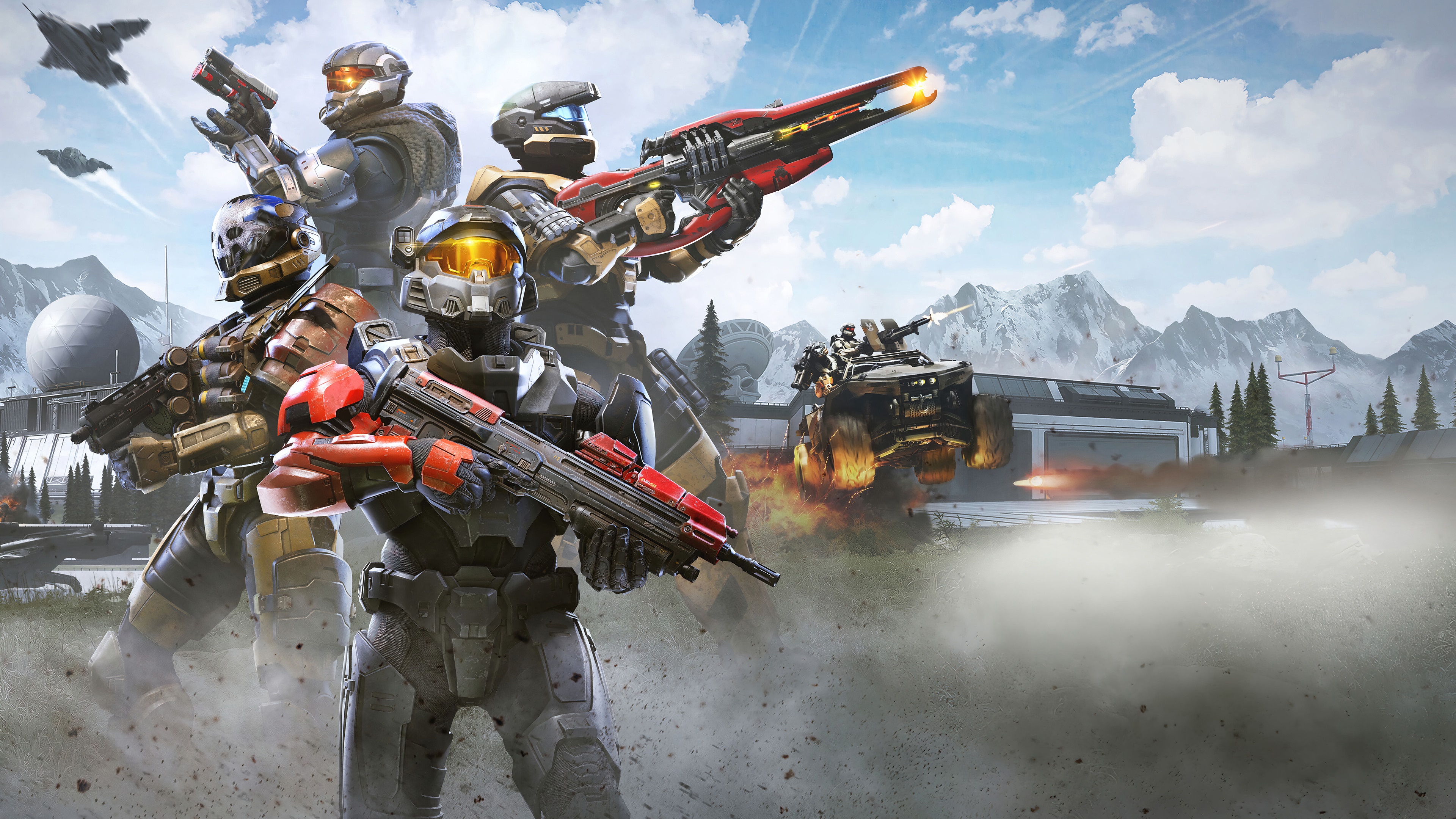 Halo Infinite characters with weapons and vehicles HD Wallpaper