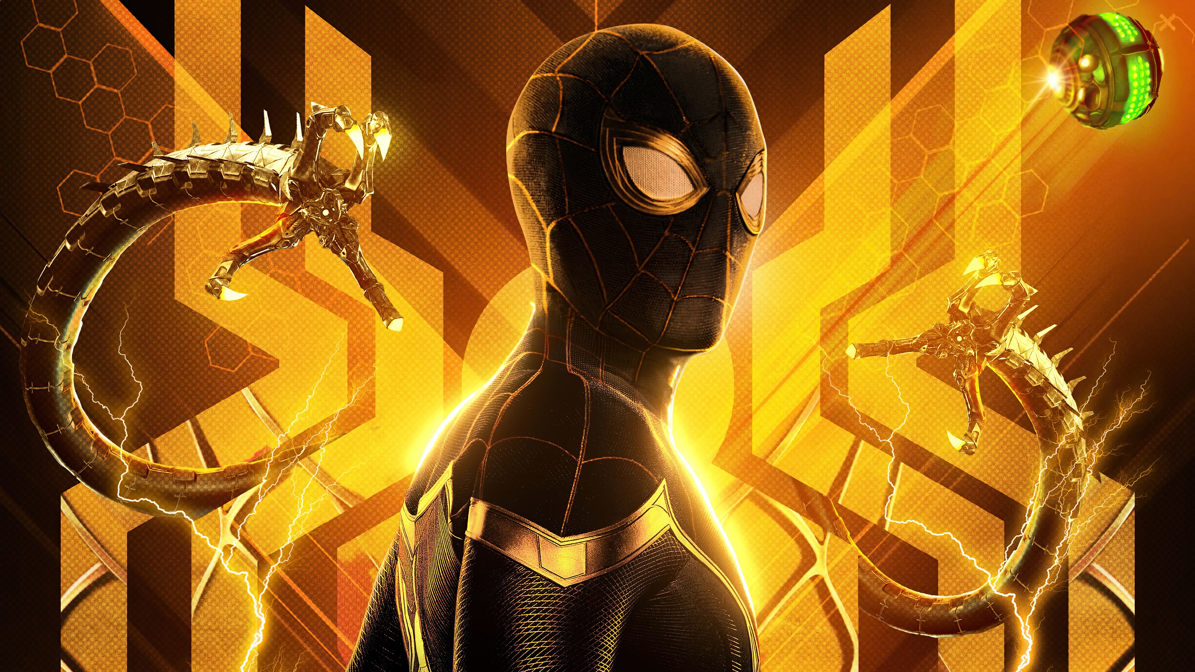 Spider-Man in Black and Gold Suit with Tentacles 4K HD Wallpaper