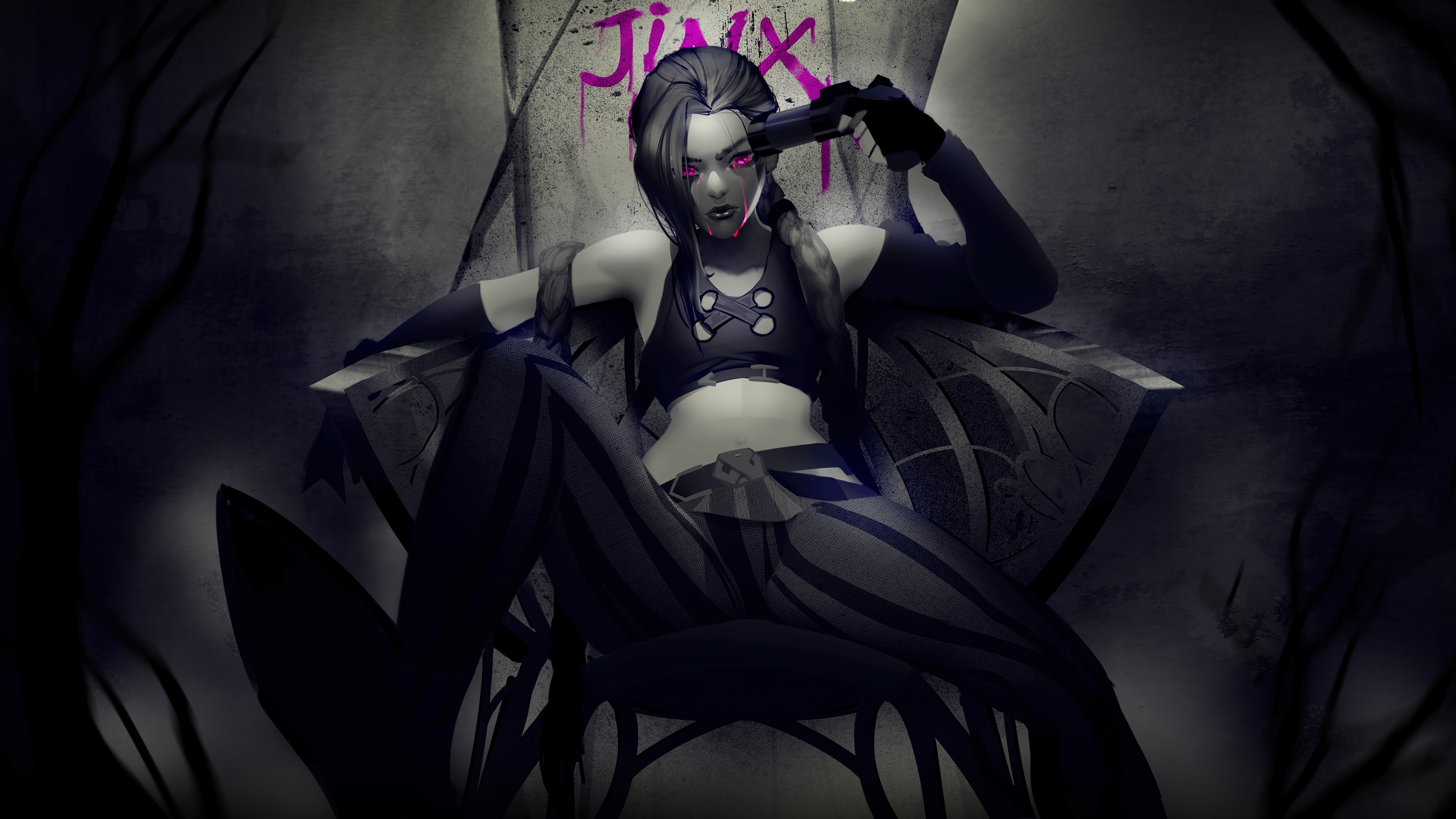 Jinx from Arcane sitting on a throne with a gun HD Wallpaper