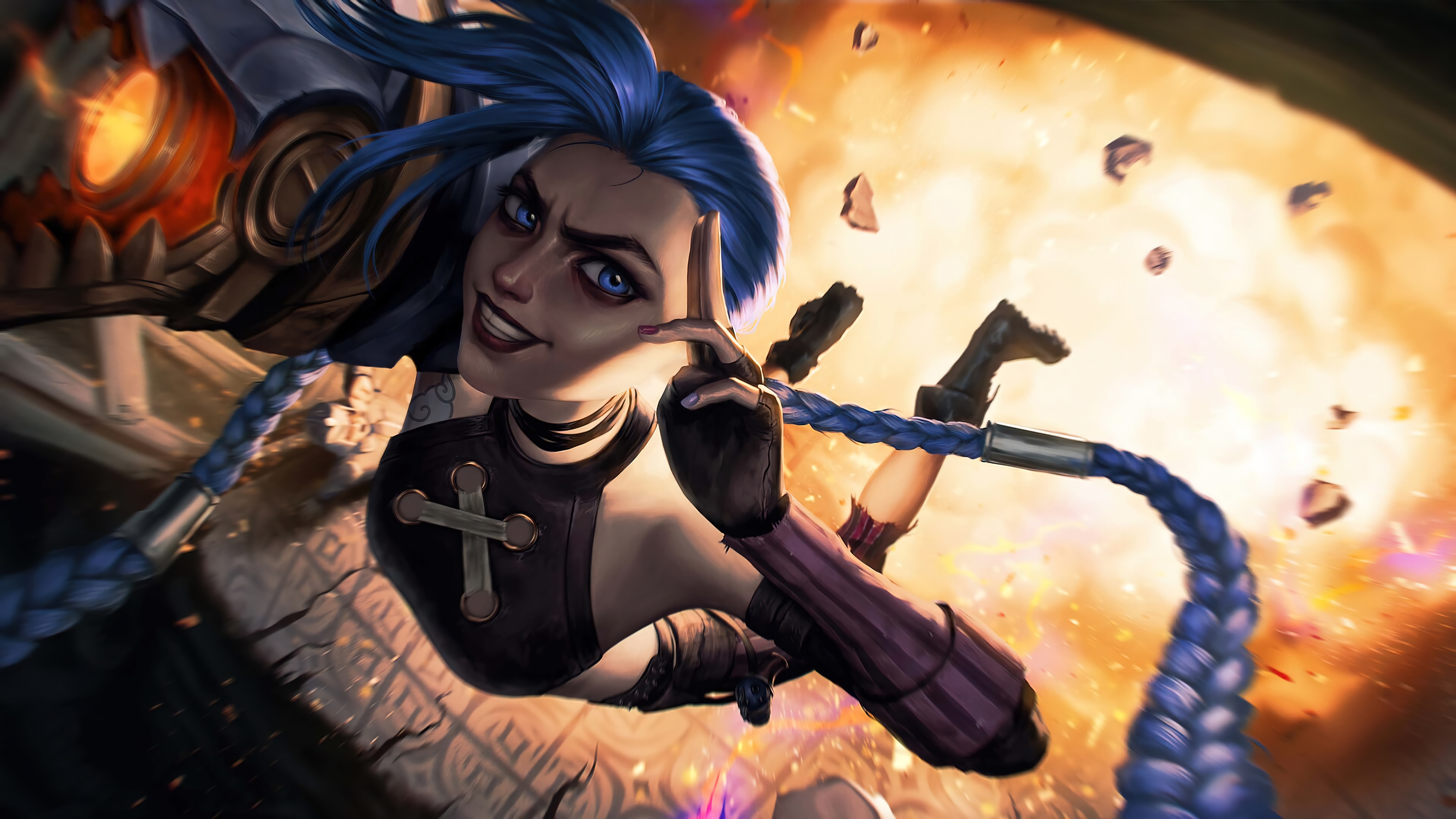 Jinx from Arcane with an explosion in the background 4K HD Wallpaper