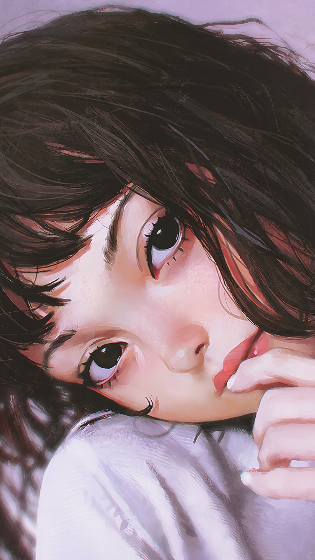 Anime girl with dark hair and red lips HD Phone Wallpaper
