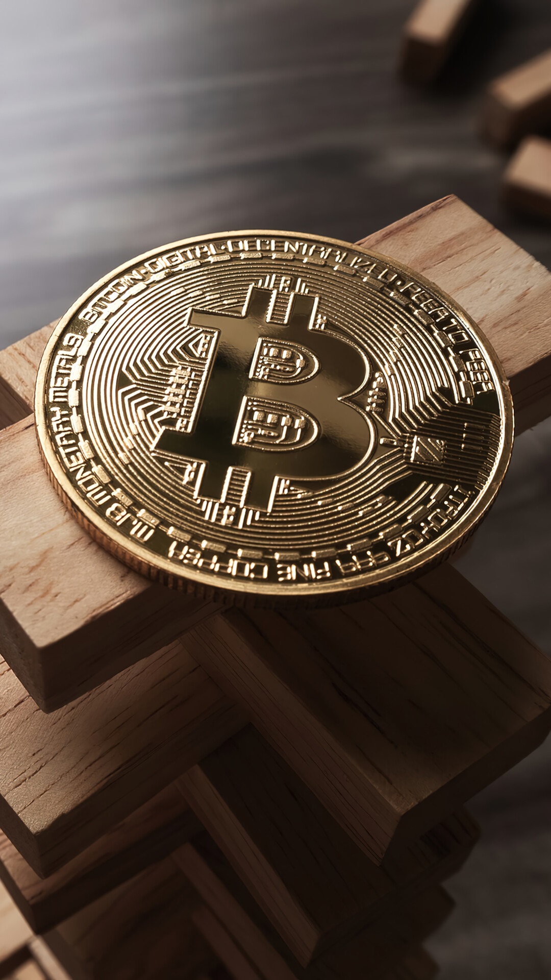 Bitcoin cryptocurrency coin on wooden blocks HD Phone Wallpaper