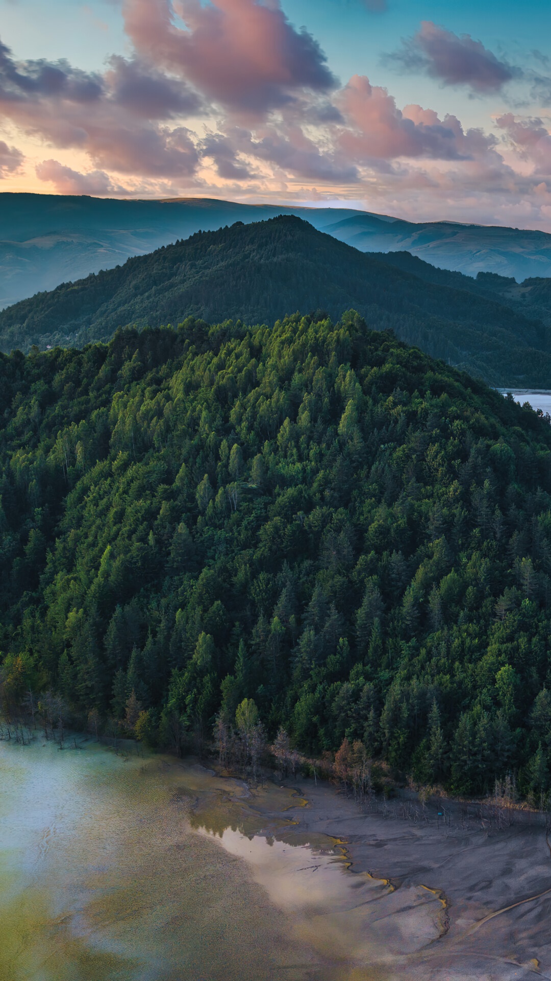 Misty lake and forested mountains at sunrise HD Phone Wallpaper