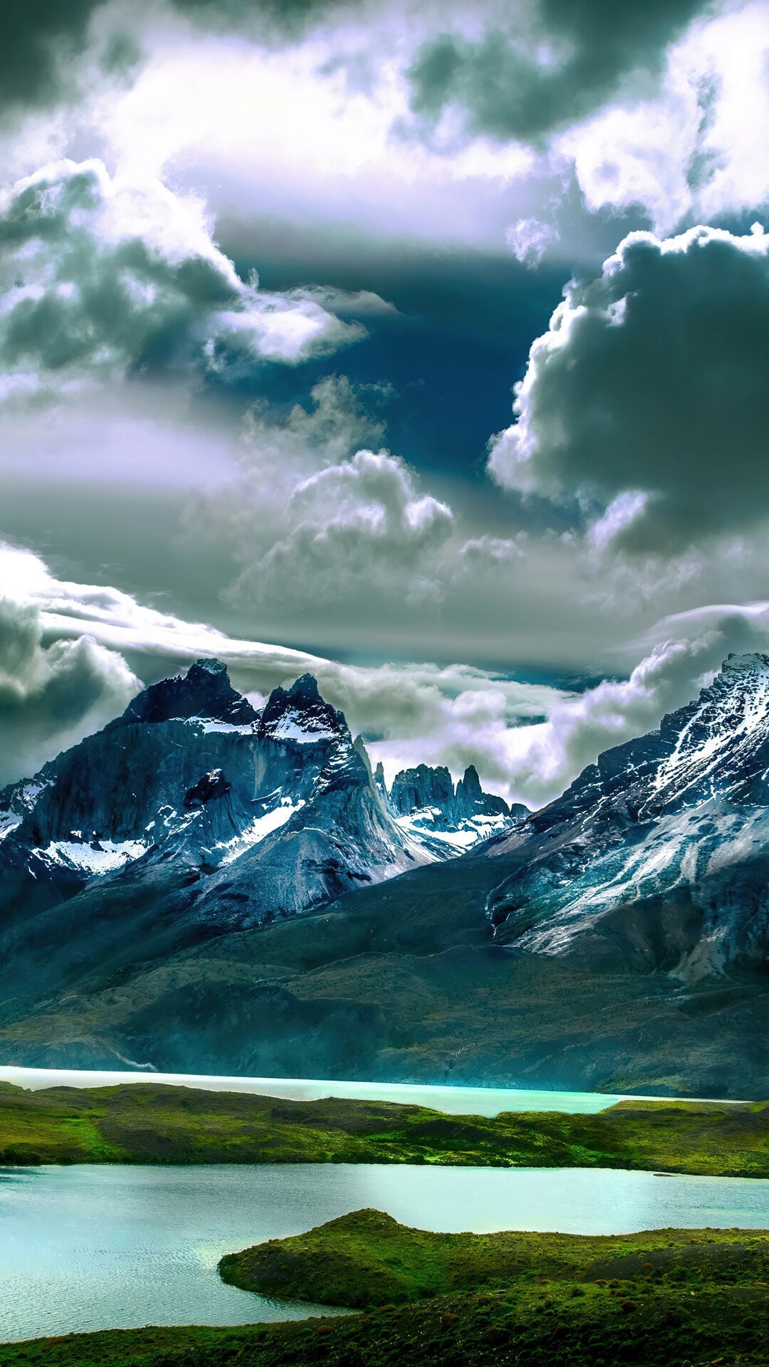 Dramatic mountain range with clouds over a lake HD Phone Wallpaper
