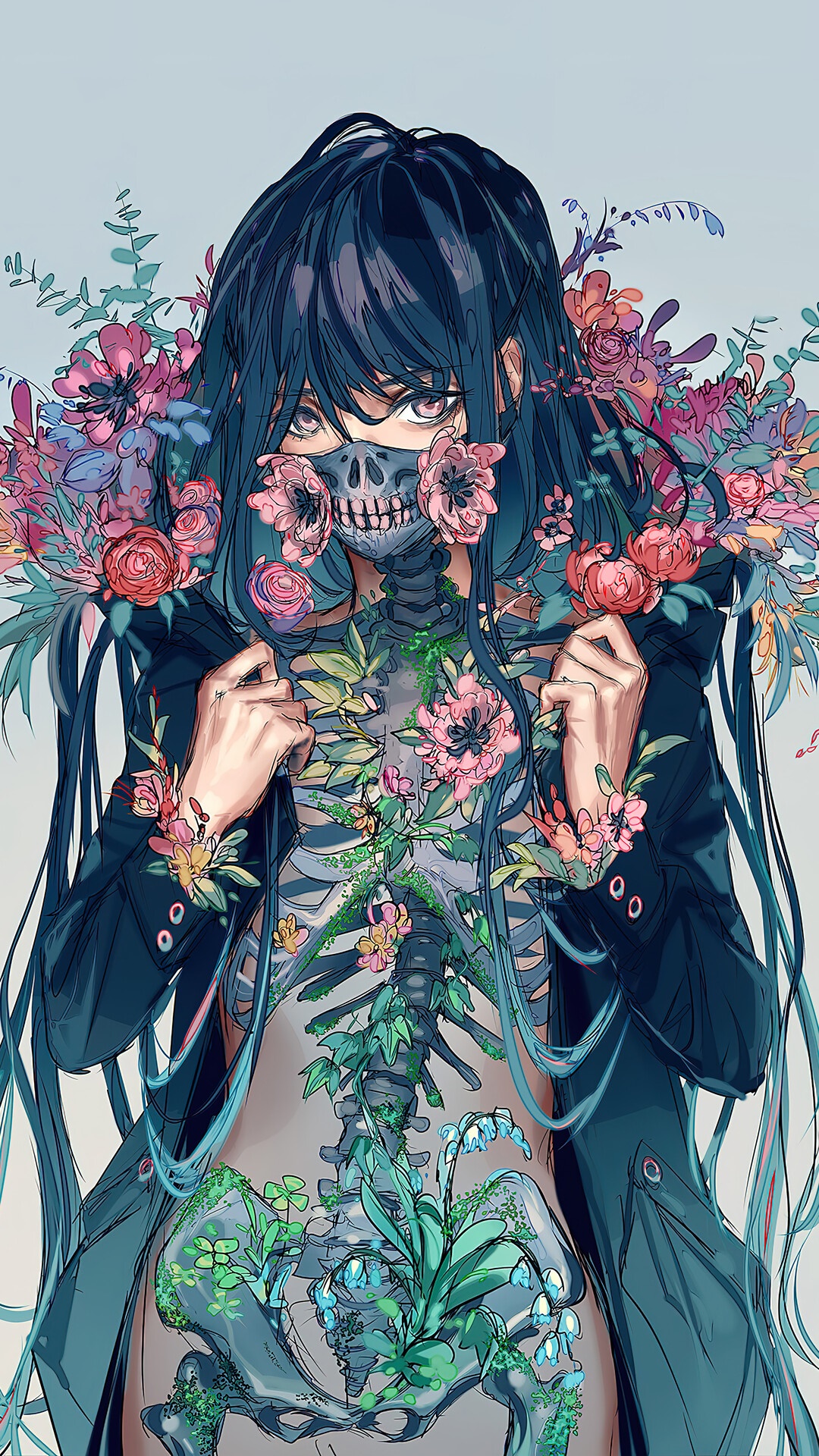 Anime girl with skeleton and flowers HD Phone Wallpaper