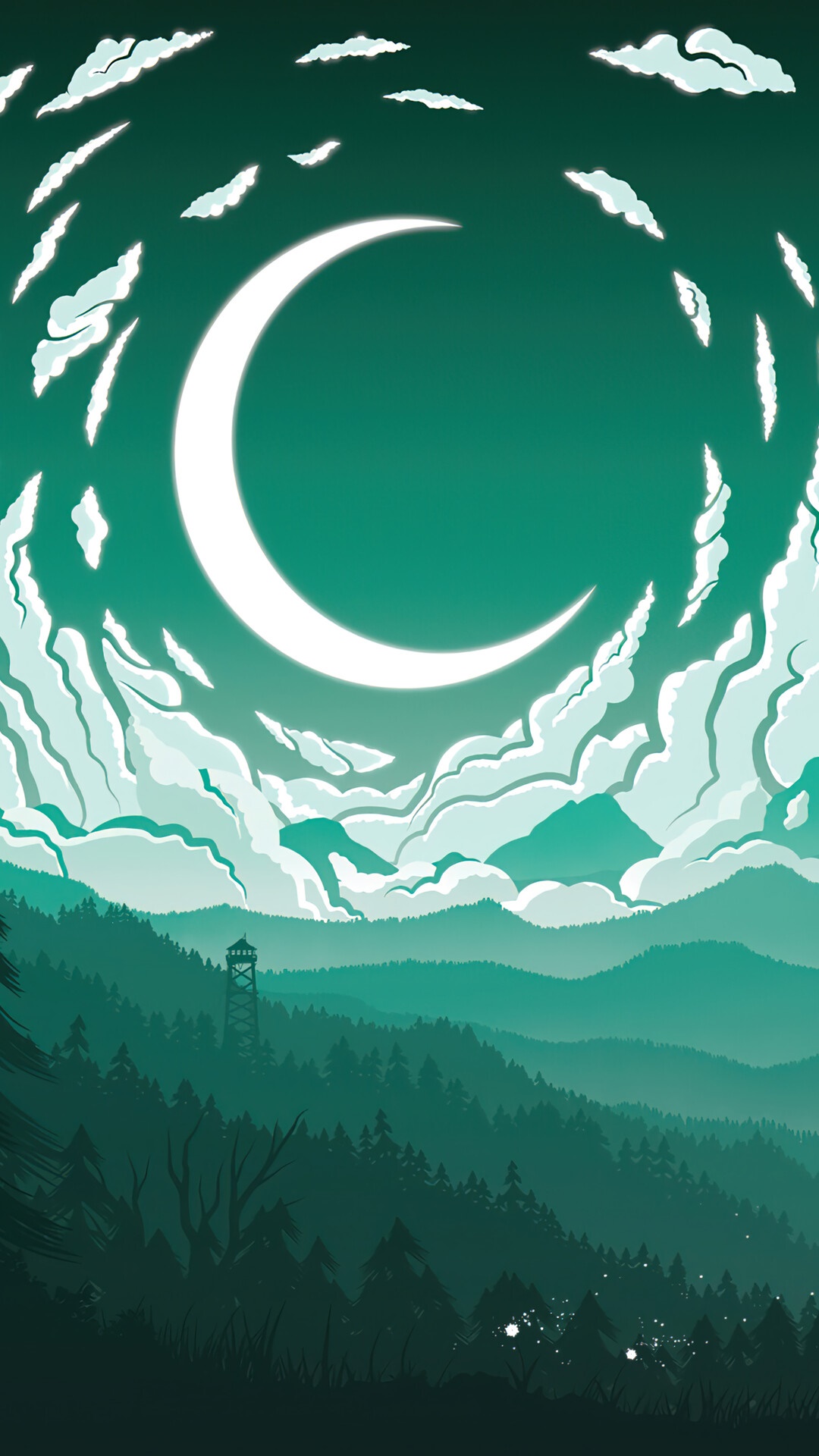 Minimalist Crescent Moon over Forest Landscape HD Phone Wallpaper