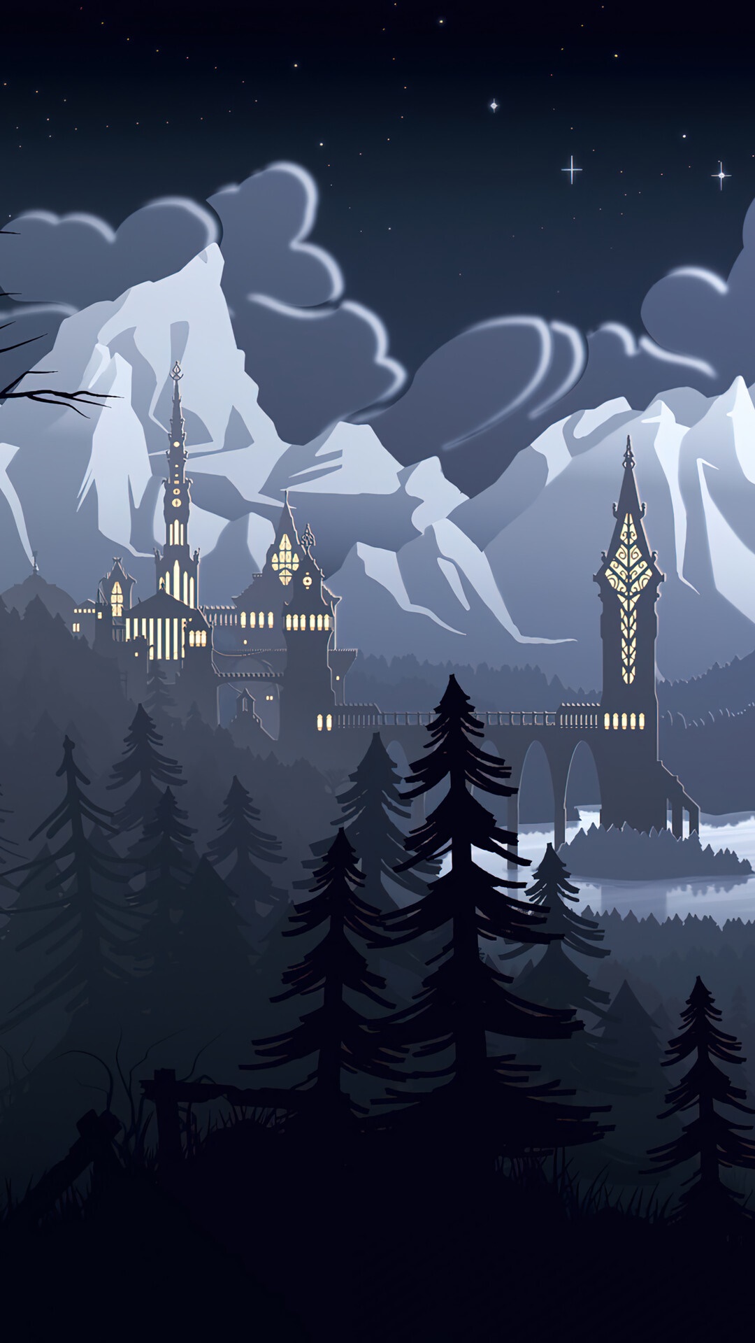 Minimalist castle in a forest at night HD Phone Wallpaper
