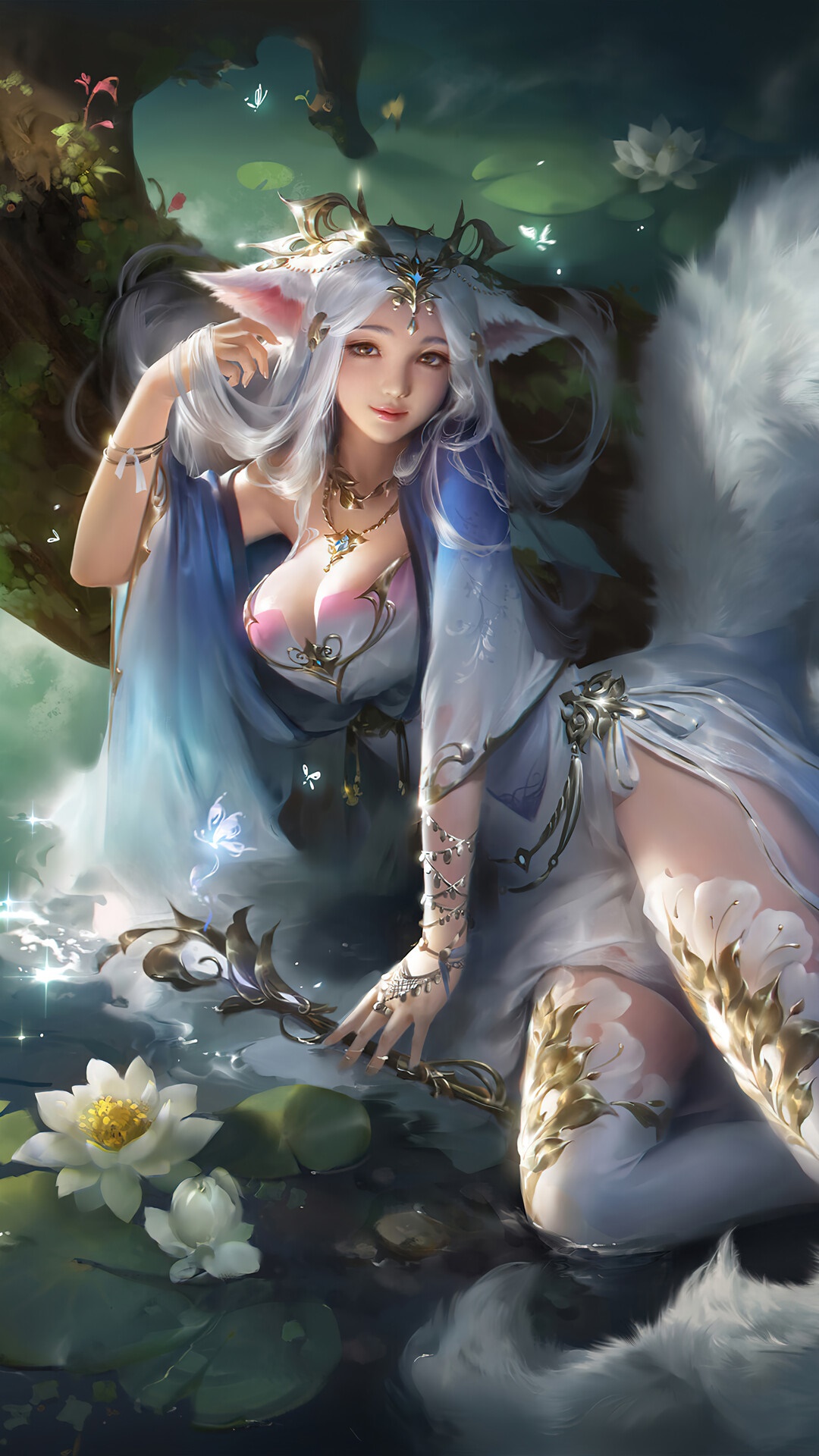 Fantasy Fox Girl by Water Lilies HD Phone Wallpaper
