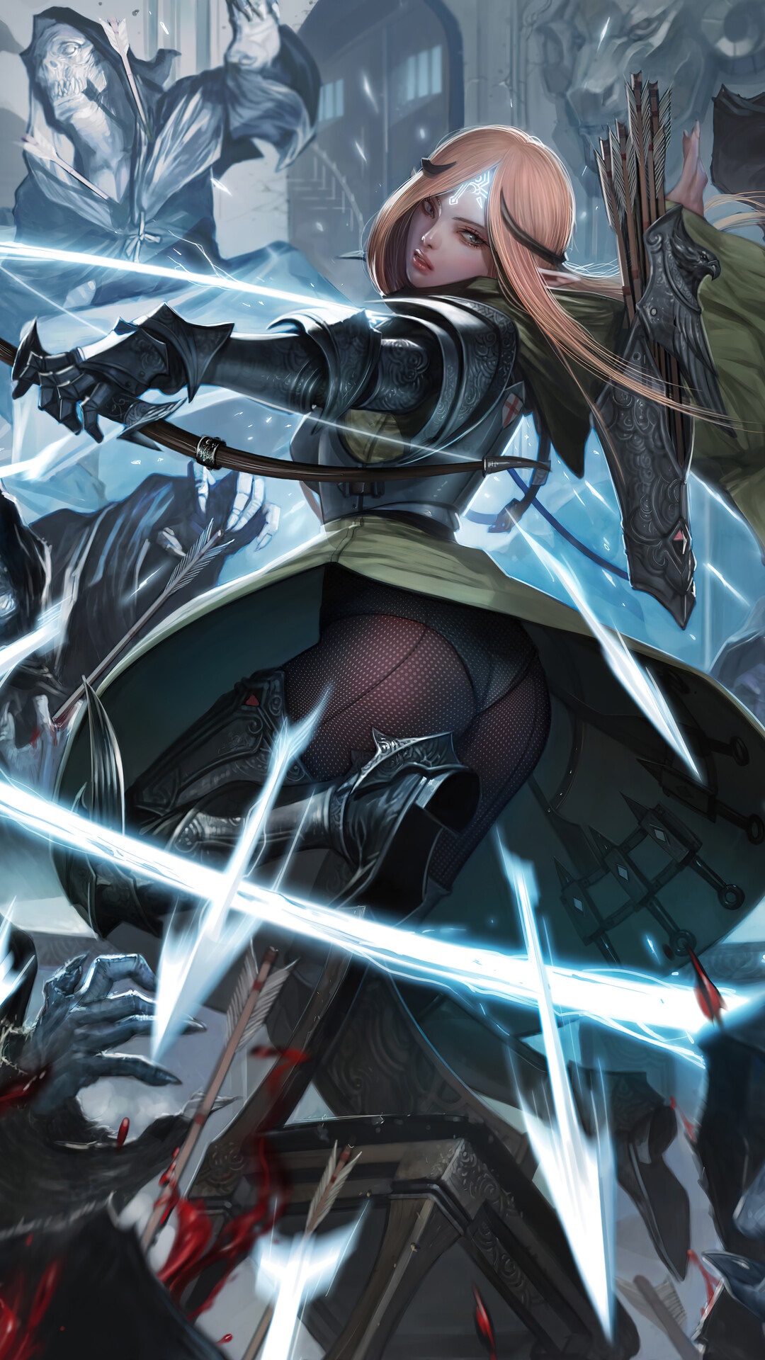 Archer girl fighting undead with magic arrows HD Phone Wallpaper