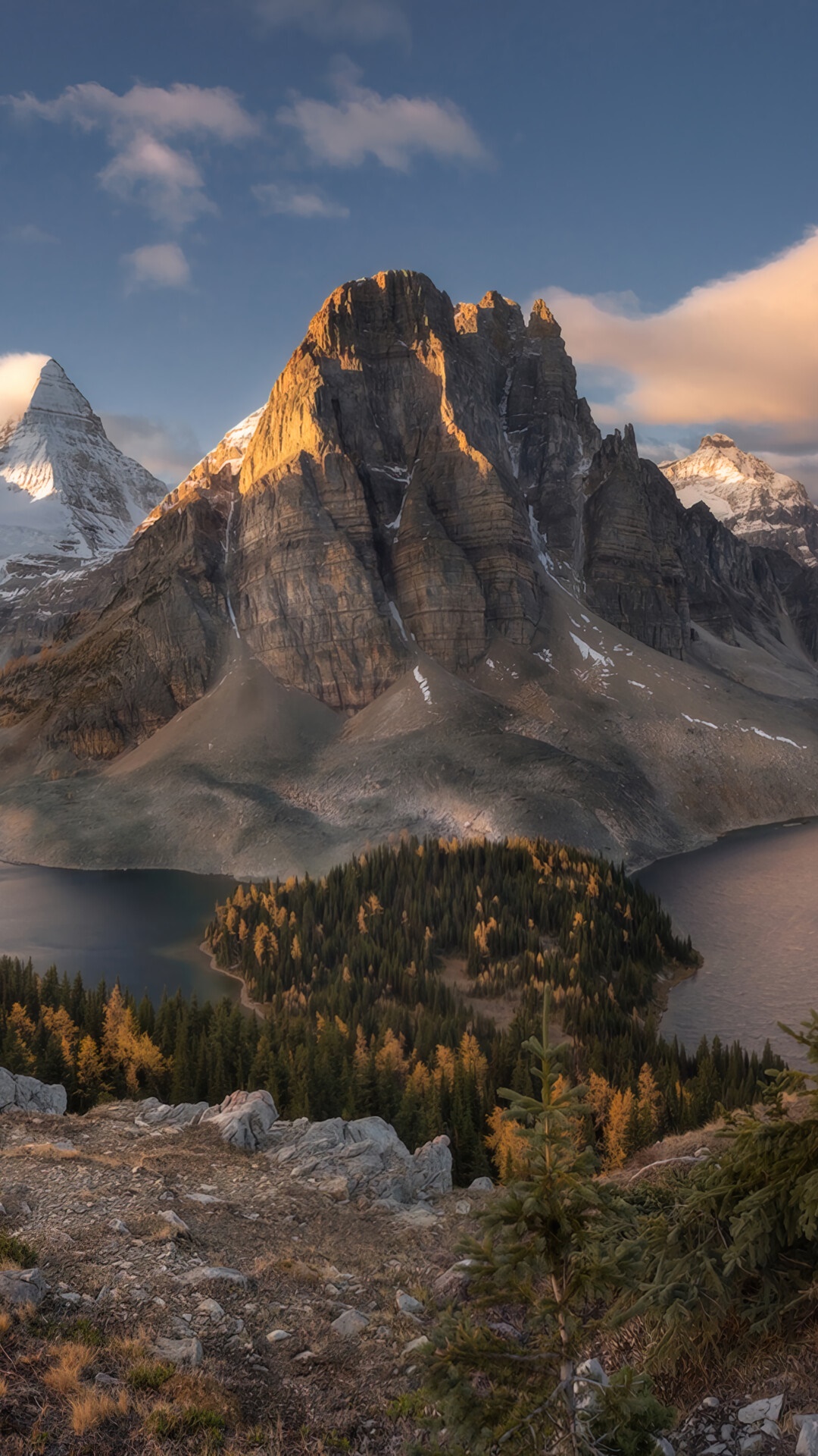 Mountain range with lake and island forest HD Phone Wallpaper