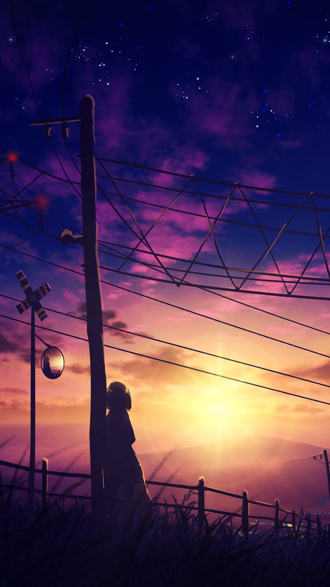 Anime girl silhouette at sunset with power lines HD Phone Wallpaper