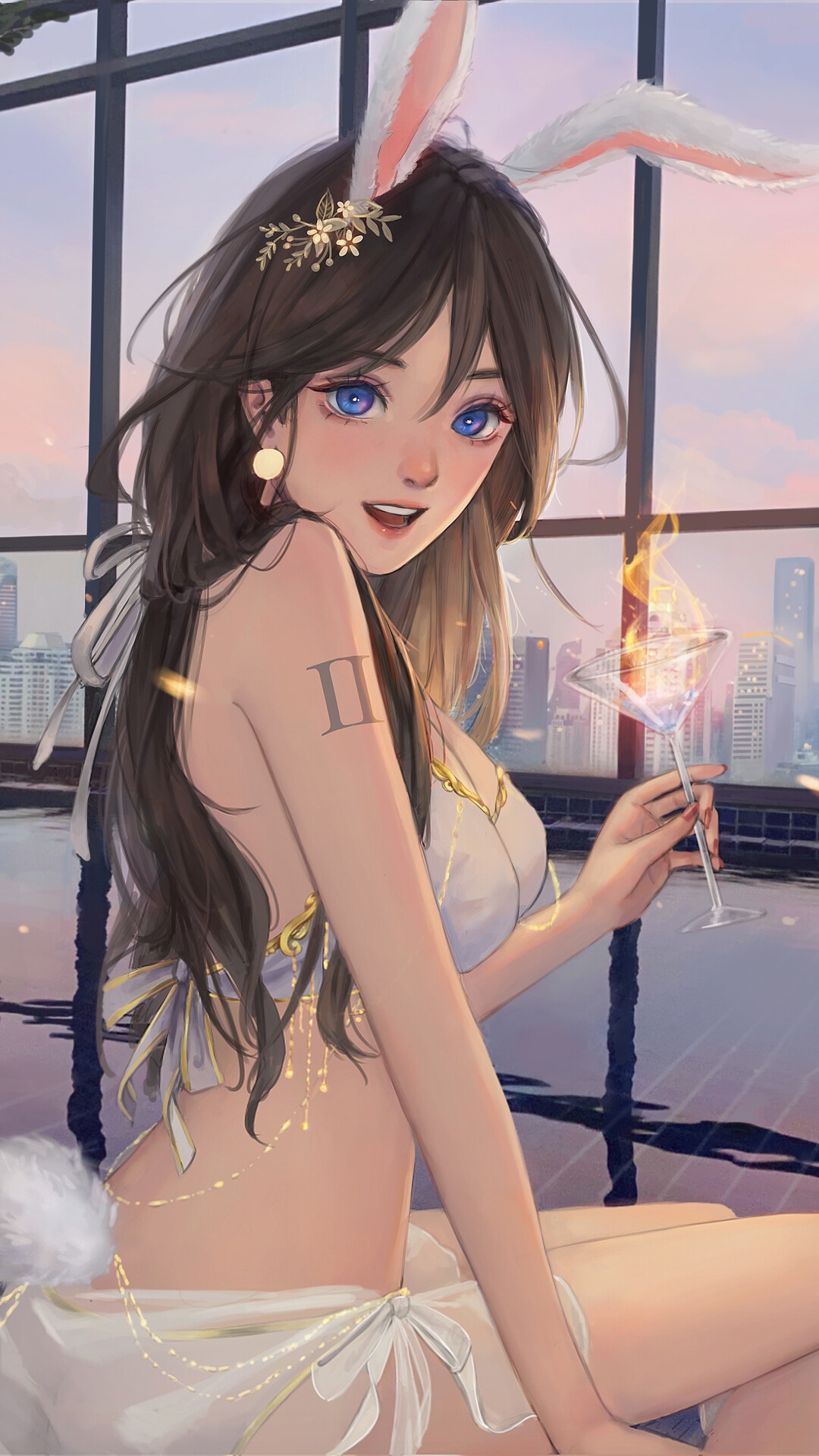 Anime girl with bunny ears holding a cocktail HD Phone Wallpaper