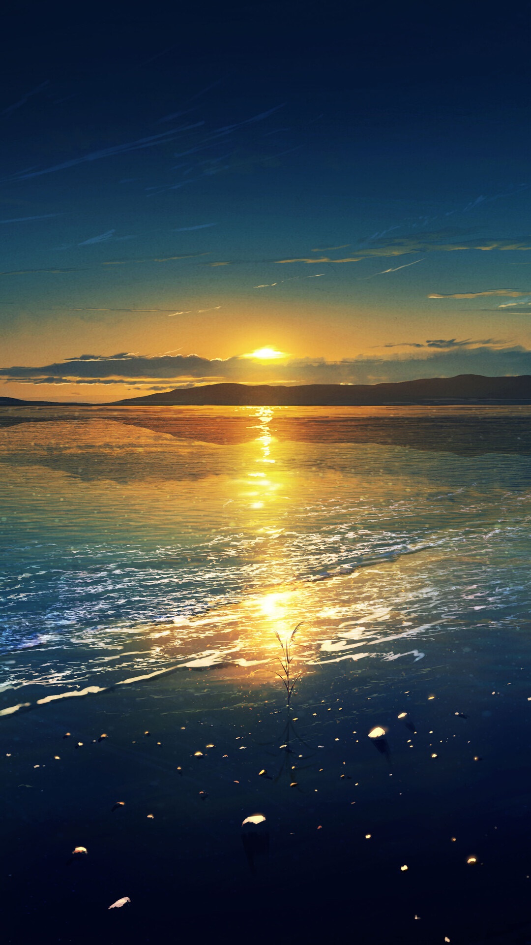 Sunset over a calm body of water with distant hills HD Phone Wallpaper