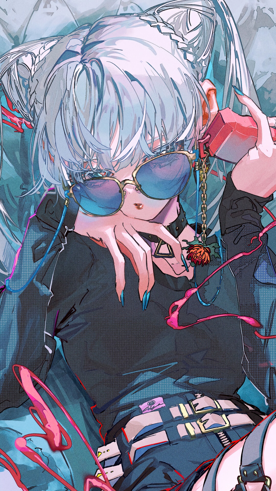 Anime girl with white hair and sunglasses HD Phone Wallpaper