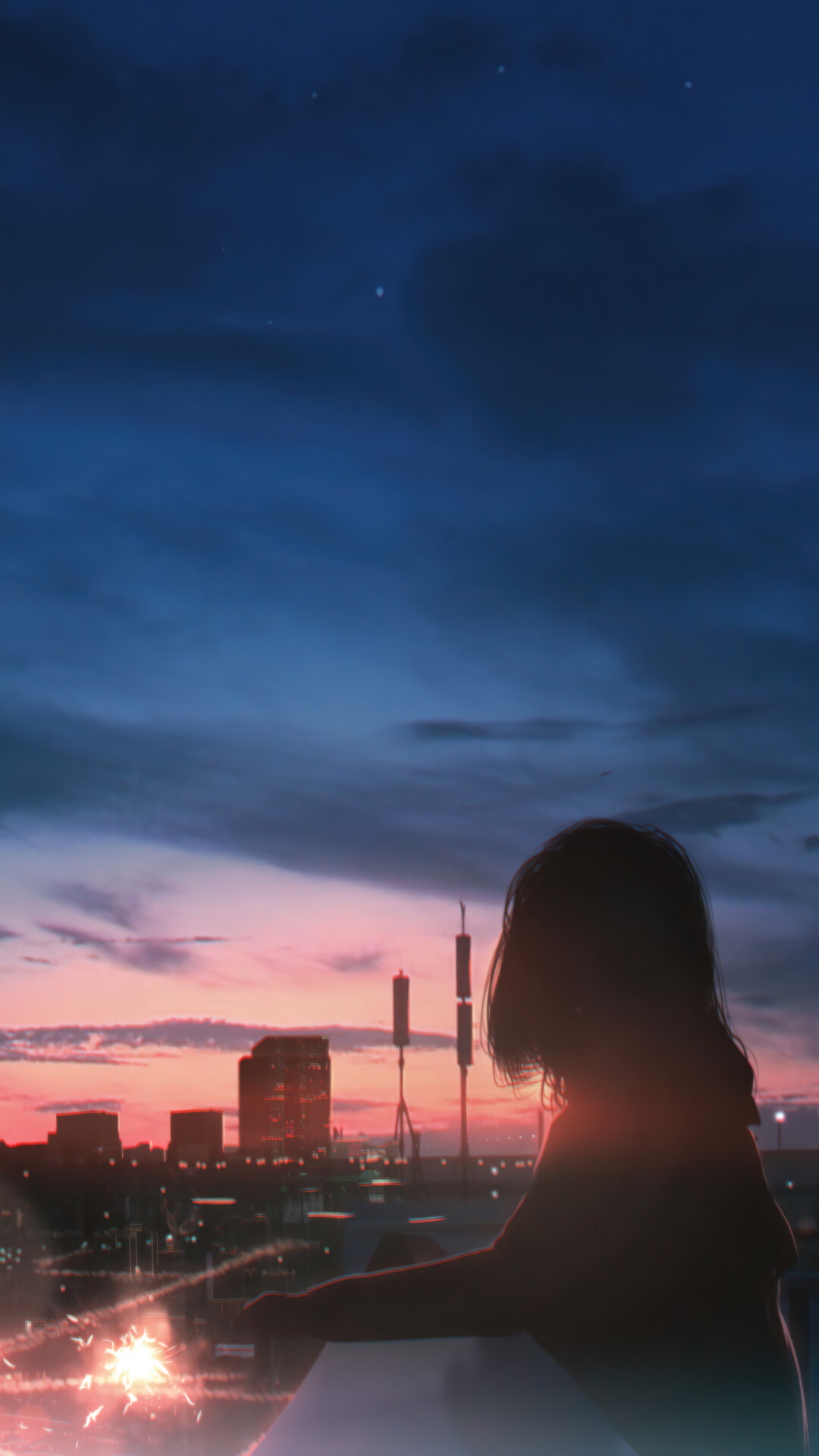 Anime girl silhouette at city sunset with sparklers HD Phone Wallpaper