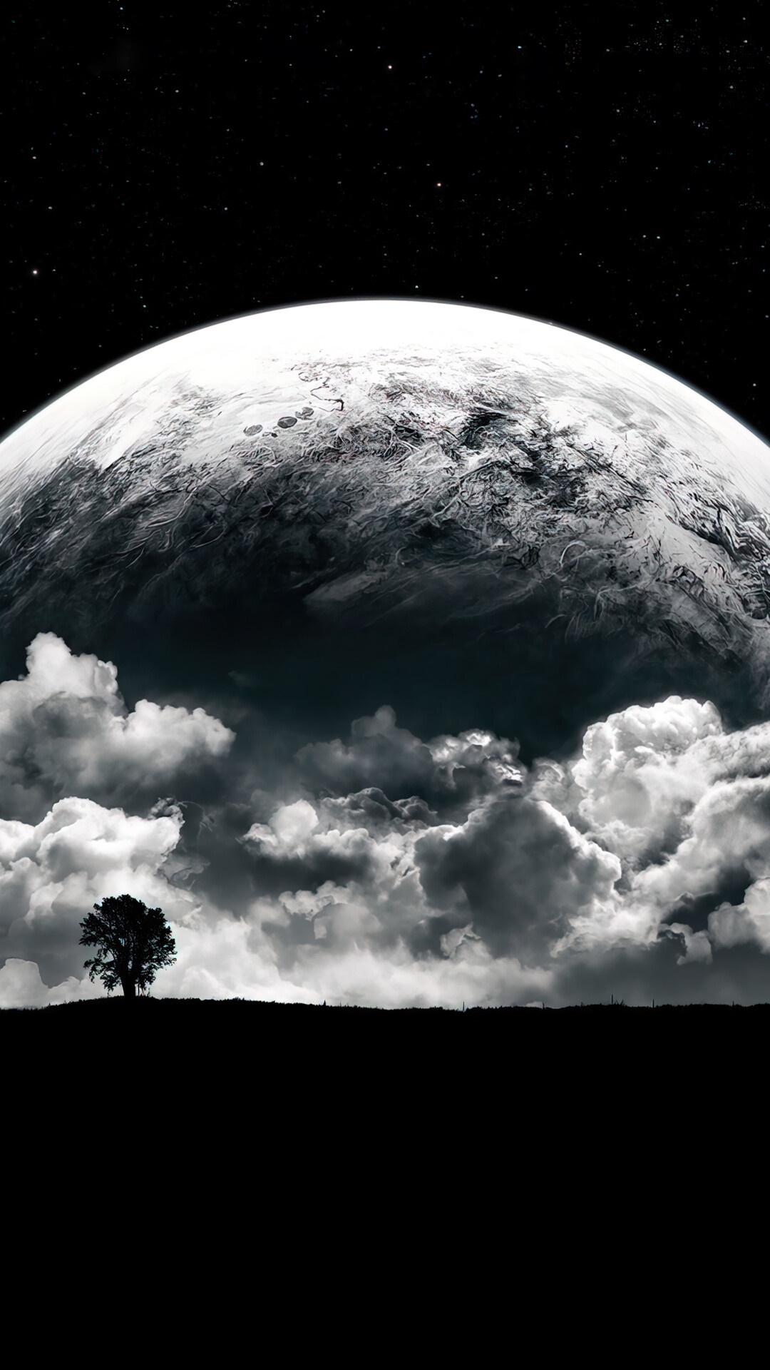 Planet and clouds over a silhouetted tree HD Phone Wallpaper