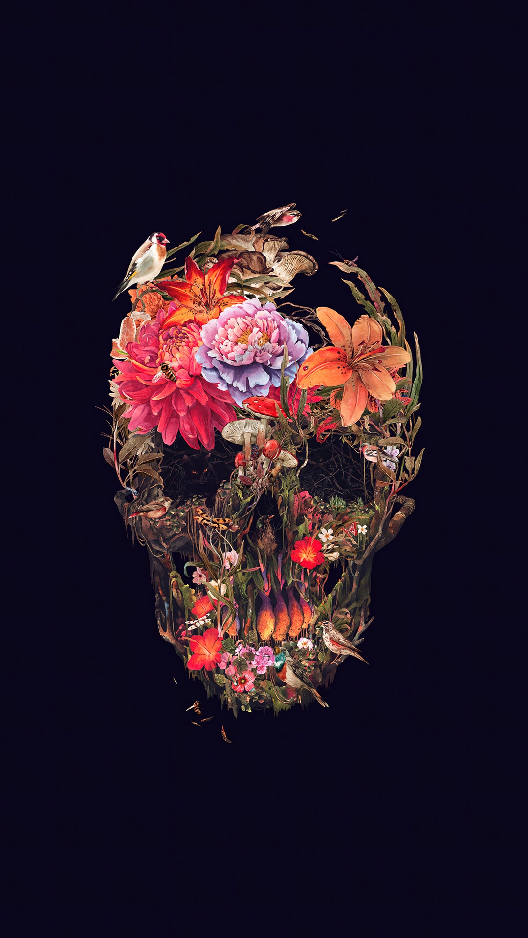 Skull made of flowers and plants with birds HD Phone Wallpaper