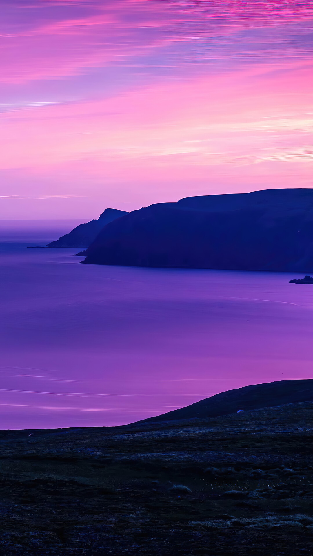Purple sunrise over a calm sea and rocky coast HD Phone Wallpaper
