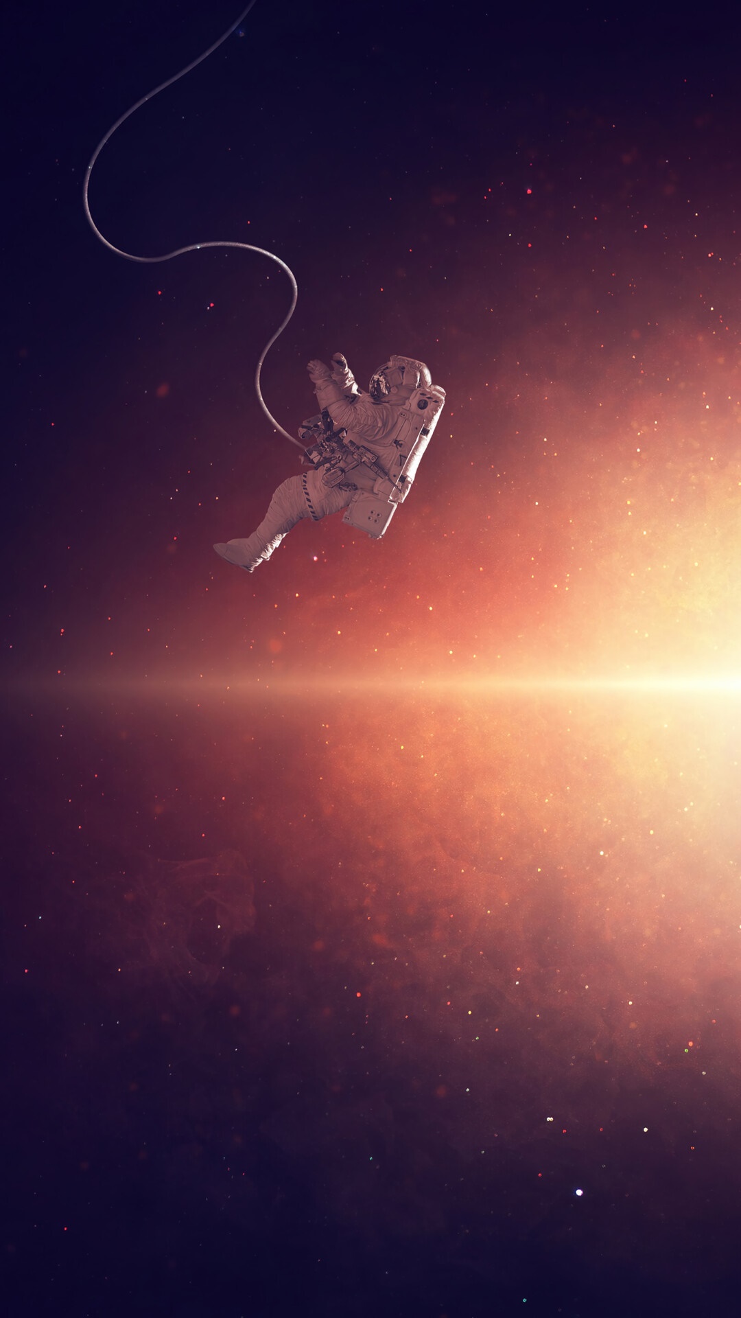 Astronaut floating in space with bright light HD Phone Wallpaper