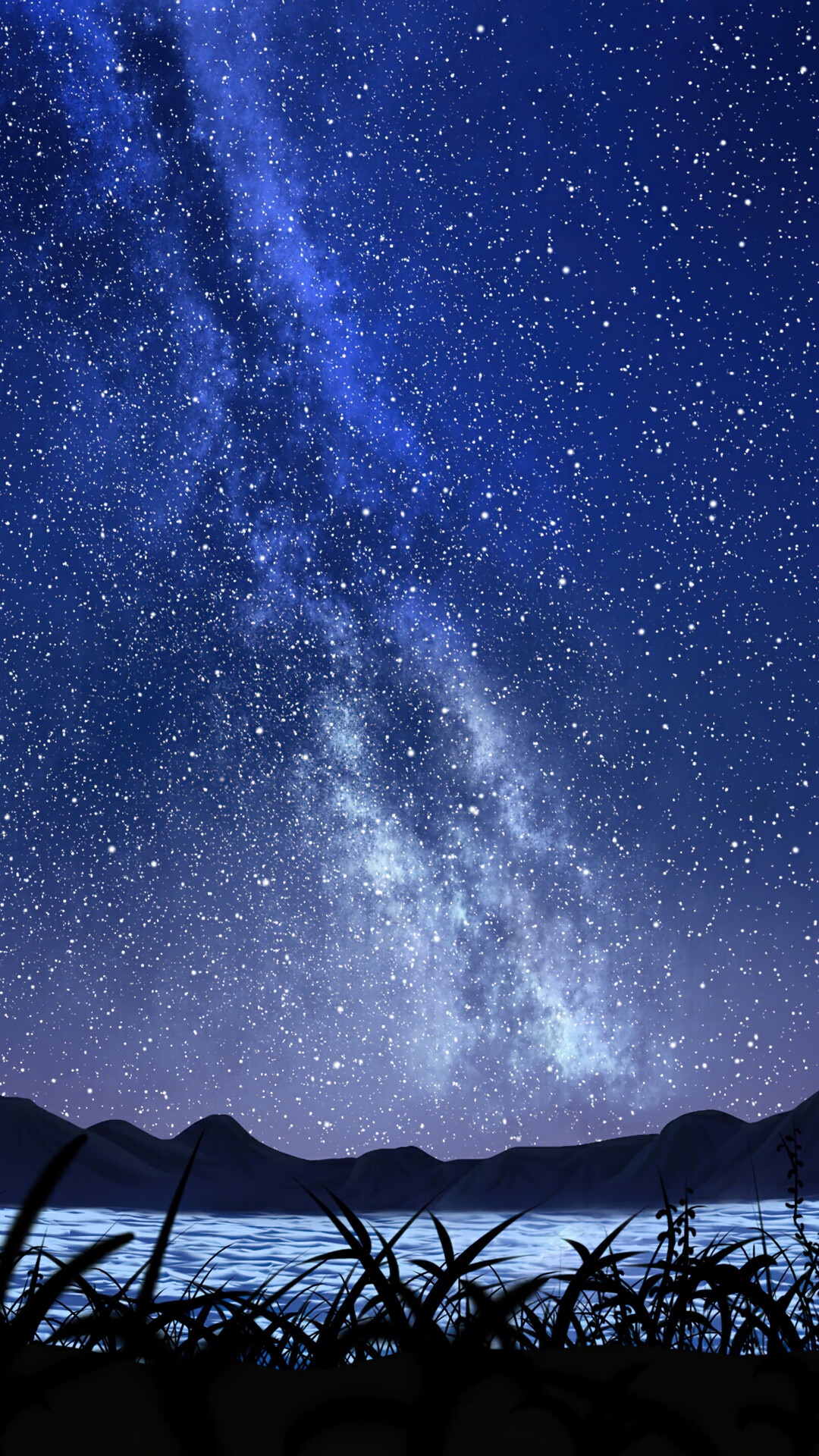 Starry Night Sky Over Water and Mountains HD Phone Wallpaper