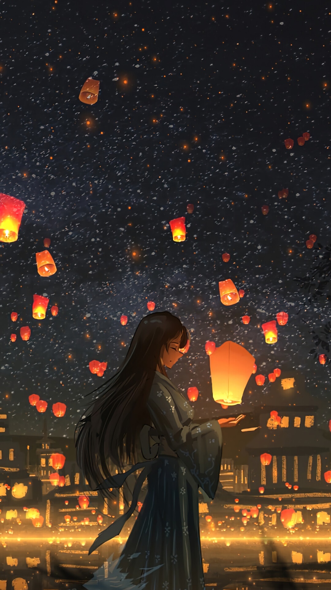 Anime girl releasing sky lanterns at night HD Phone Wallpaper
