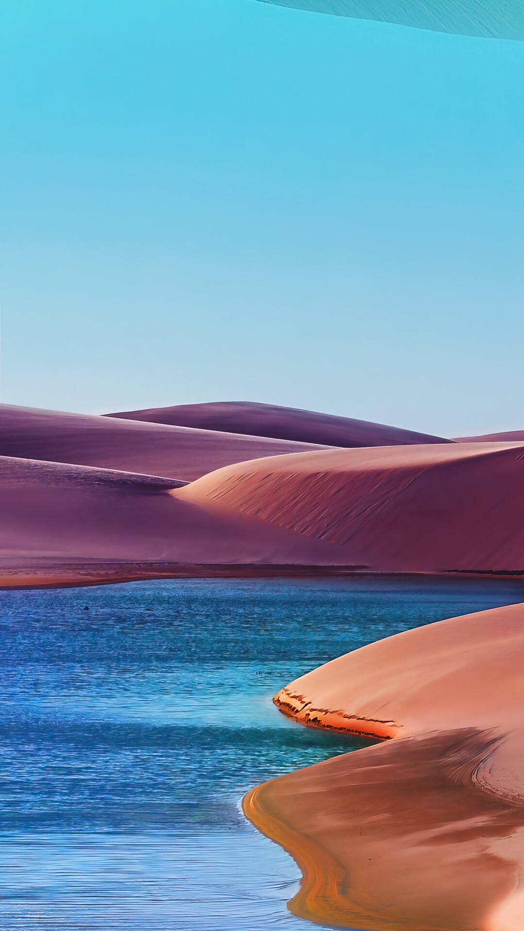 Desert dunes and water with blue sky HD Phone Wallpaper