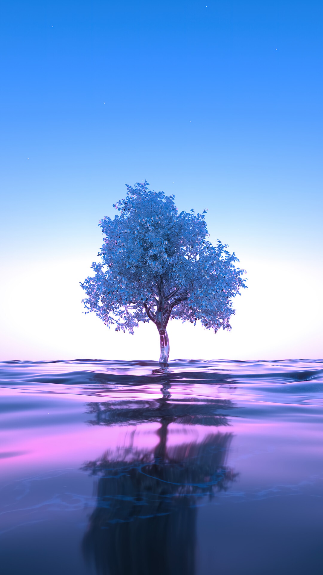 Tree in the ocean with reflection HD Phone Wallpaper
