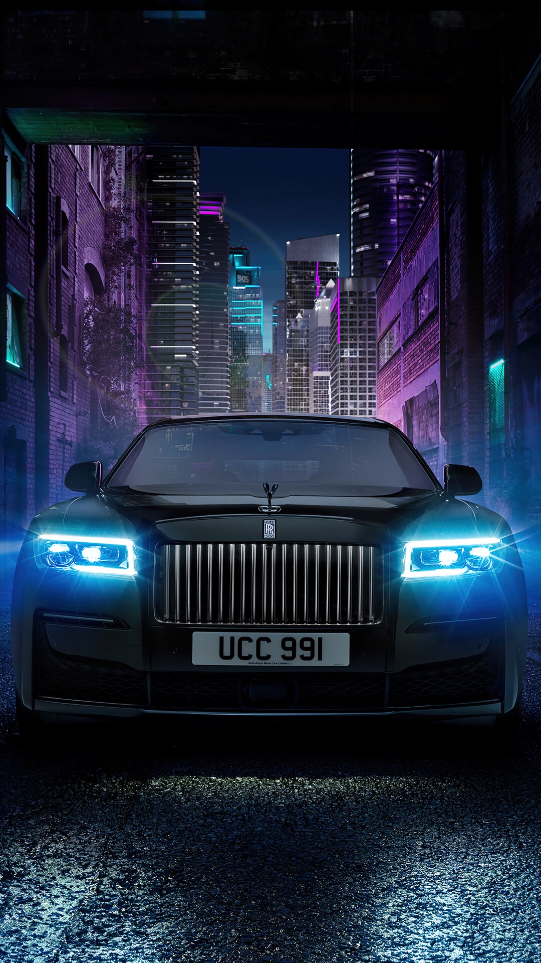 Black Rolls-Royce Ghost in a Neon City at Night HD Phone Wallpaper