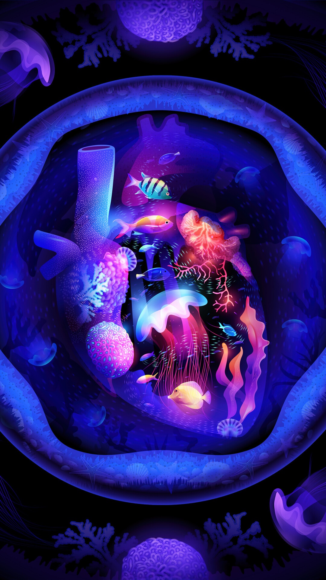 Digital Art of a Heart Aquarium with Fish and Jellyfish HD Phone Wallpaper