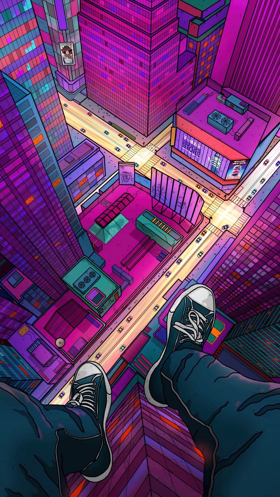 View from a skyscraper overlooking a neon city at night HD Phone Wallpaper