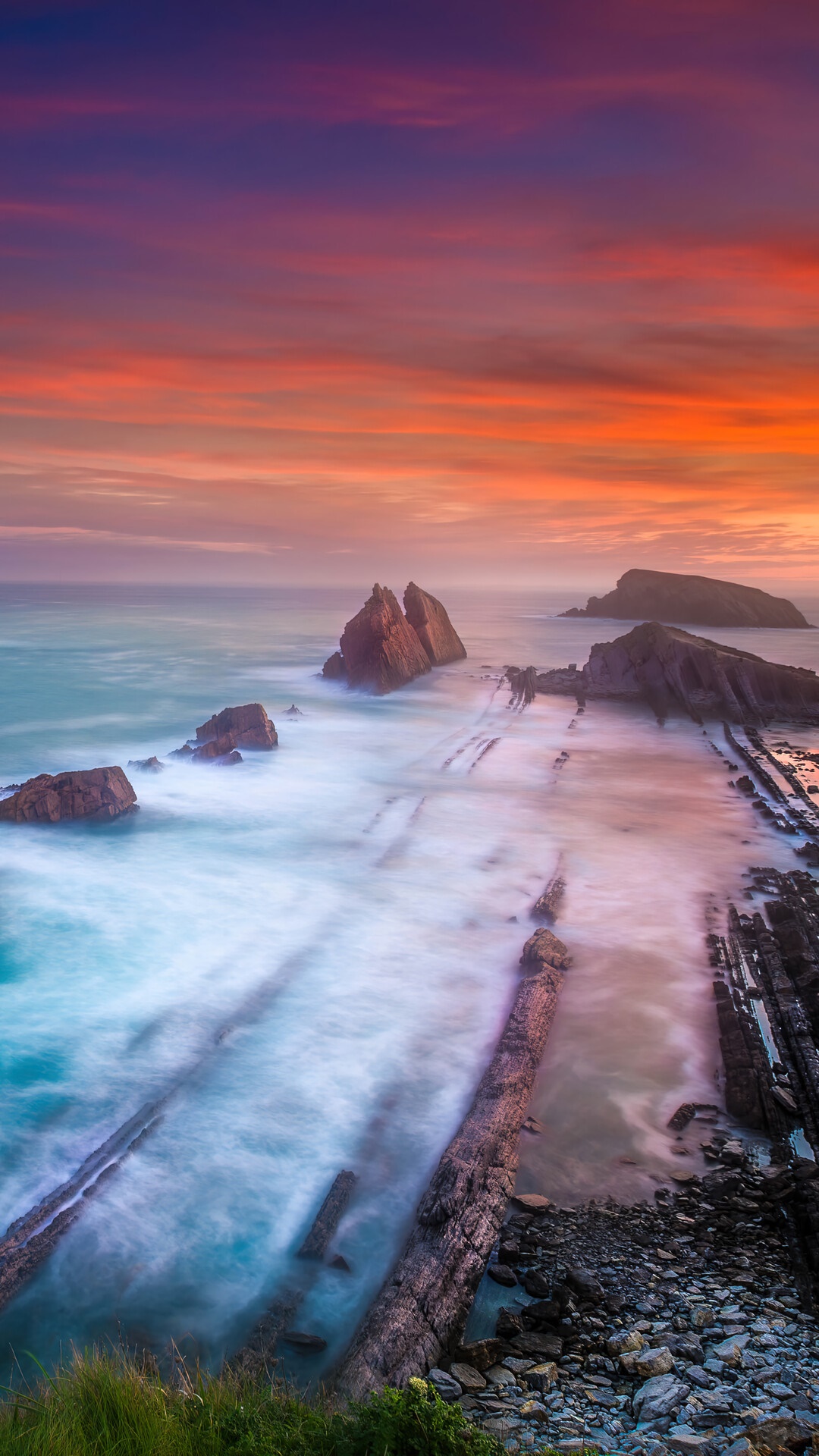 Rocky Coastline with Waves at Sunset in Spain HD Phone Wallpaper