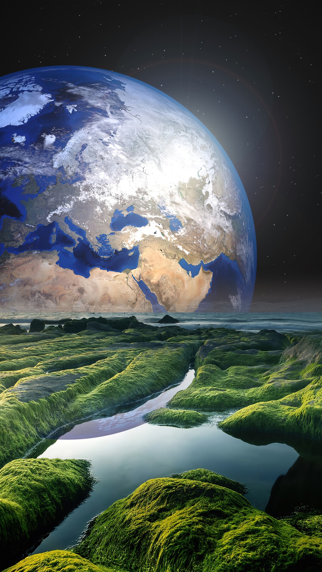 Earth from space above a mossy landscape HD Phone Wallpaper