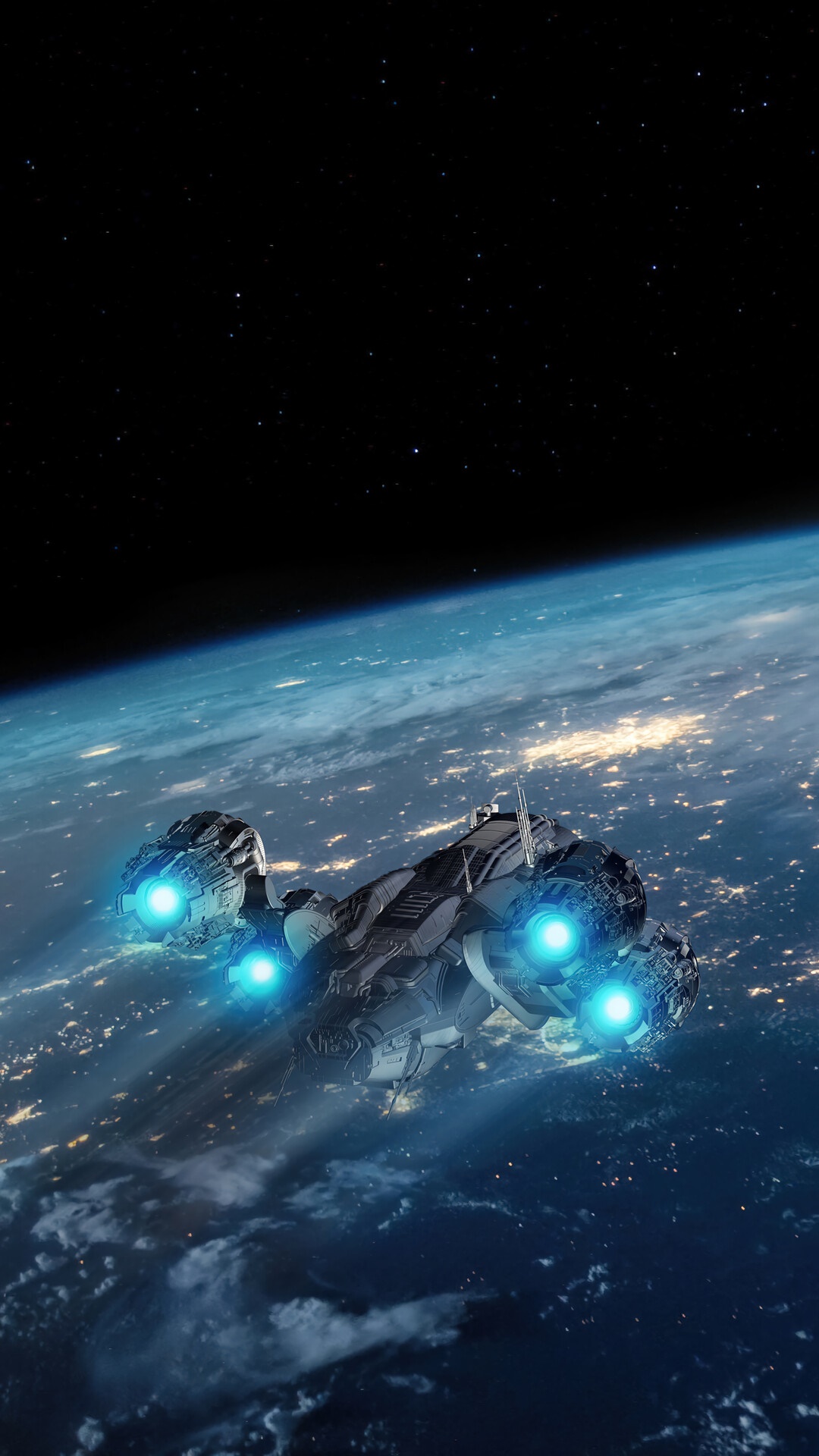 Spaceship flying over Earth at night HD Phone Wallpaper