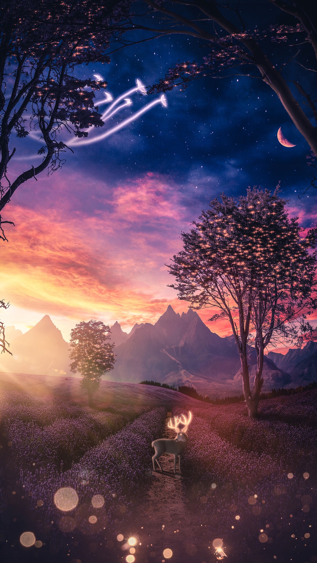 Magical Deer in Lavender Field at Sunset HD Phone Wallpaper