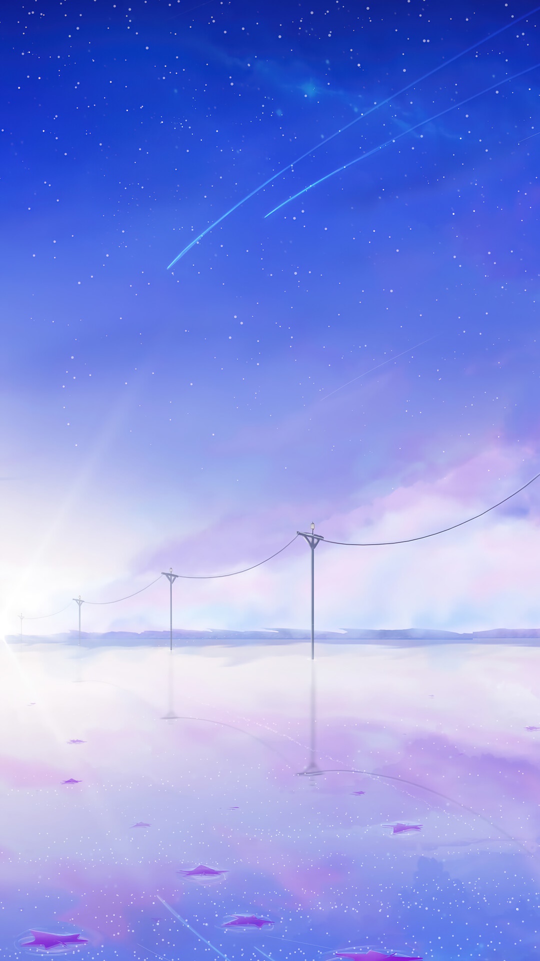 Anime sky with shooting stars and reflections HD Phone Wallpaper