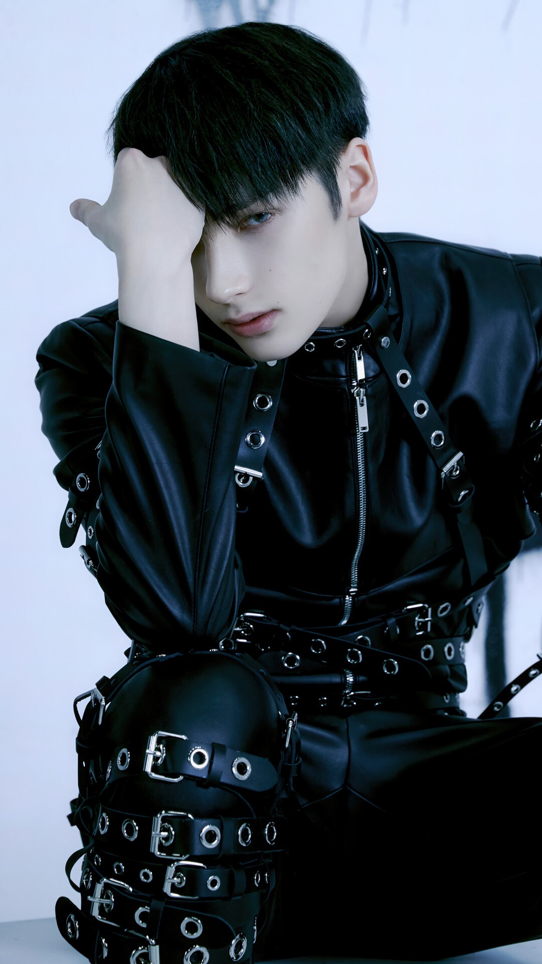 Huening Kai from TXT in Black Leather Outfit HD Phone Wallpaper